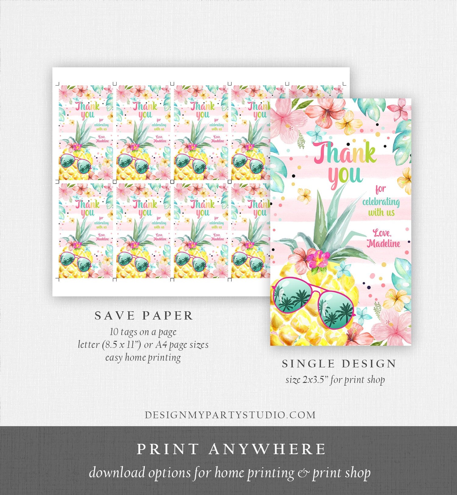 Editable Tropical Aloha Hawaiian Favor Tag Luau Birthday Party Pineapple Favor Tag Mahalo Pool Party Girl Digital Template Printable 0391