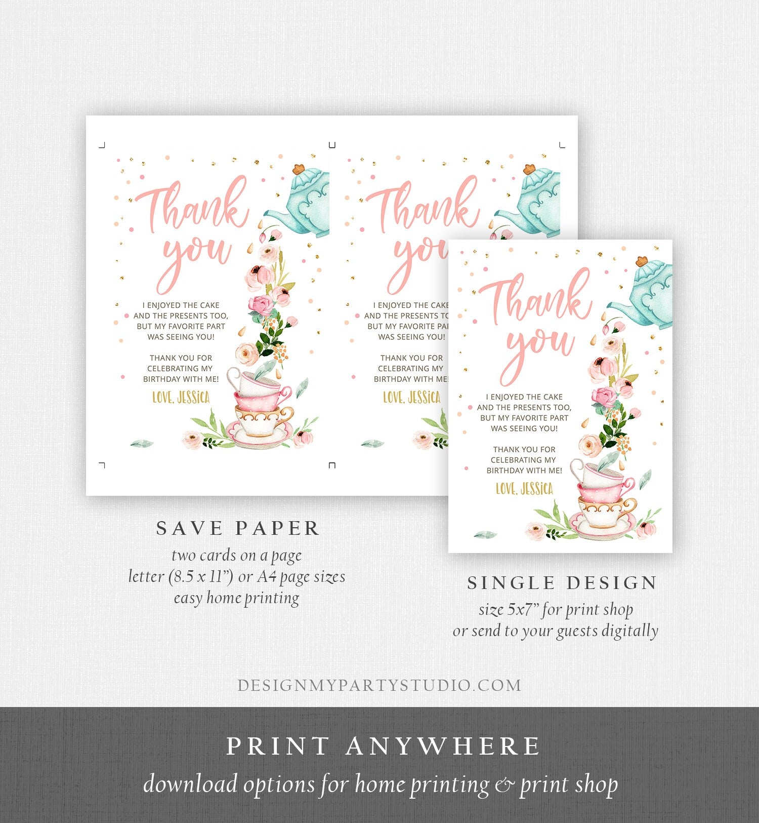 Editable Tea Party Thank you Card Floral Tea Birthday Baby Shower Girl Pink Tea Birthday Tea for Two PRINTABLE Download Corjl Template 0349