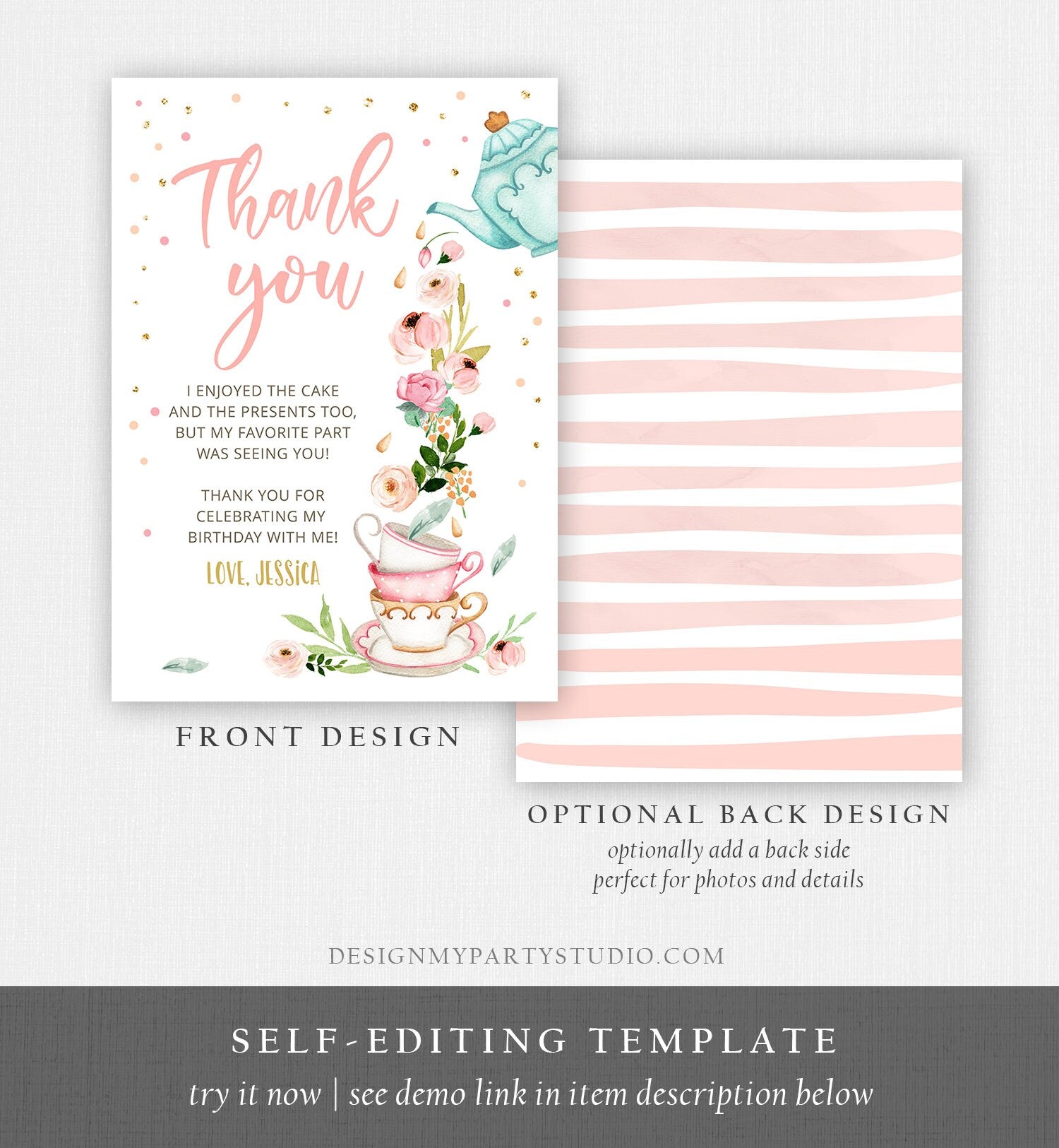 Editable Tea Party Thank you Card Floral Tea Birthday Baby Shower Girl Pink Tea Birthday Tea for Two PRINTABLE Download Corjl Template 0349