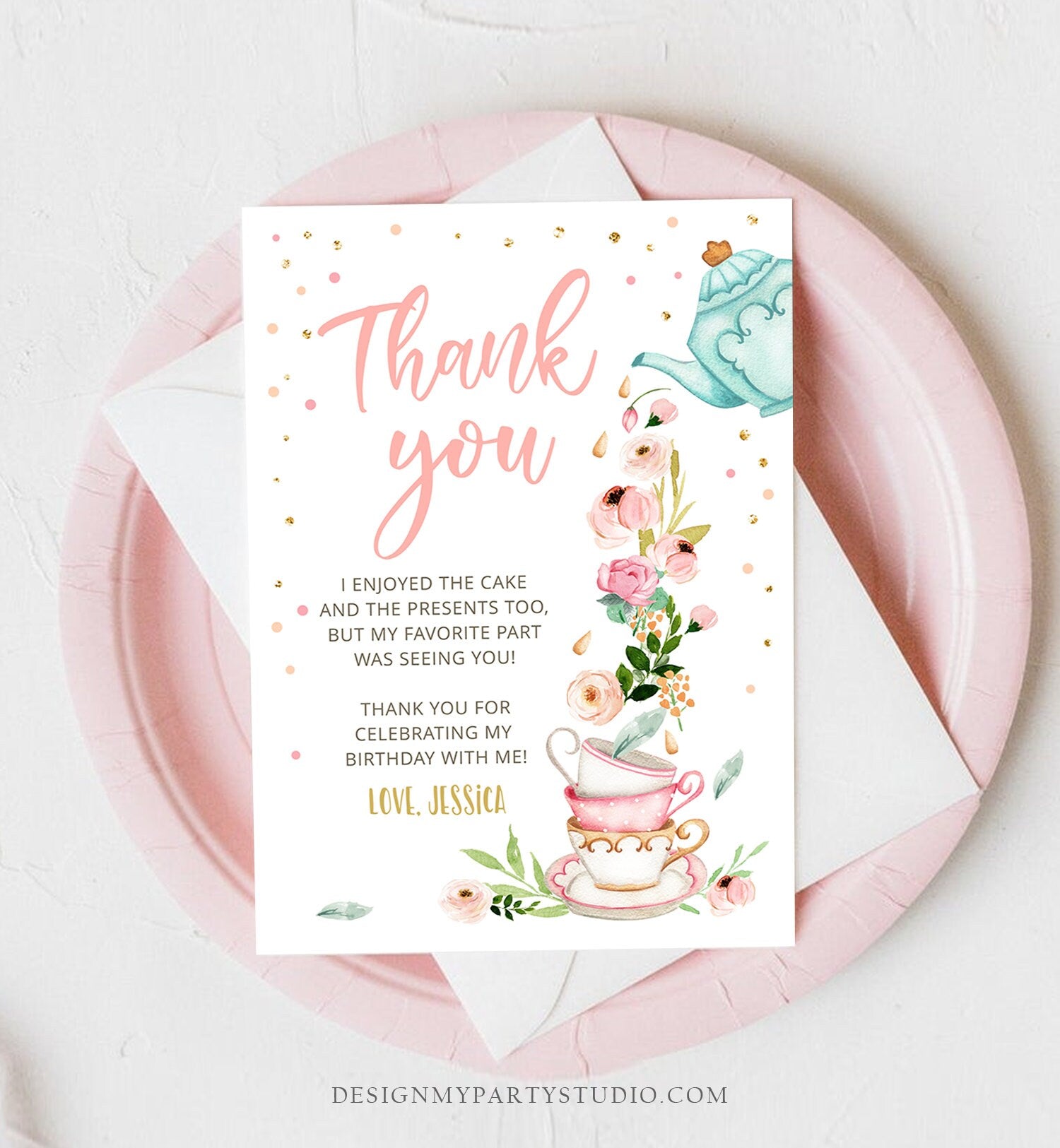 Editable Tea Party Thank you Card Floral Tea Birthday Baby Shower Girl Pink Tea Birthday Tea for Two PRINTABLE Download Corjl Template 0349