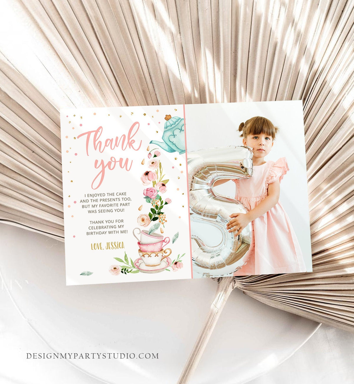 Editable Tea Party Thank you Card Floral Tea Birthday Baby Shower Girl Pink Tea Birthday Tea for Two PRINTABLE Download Corjl Template 0349