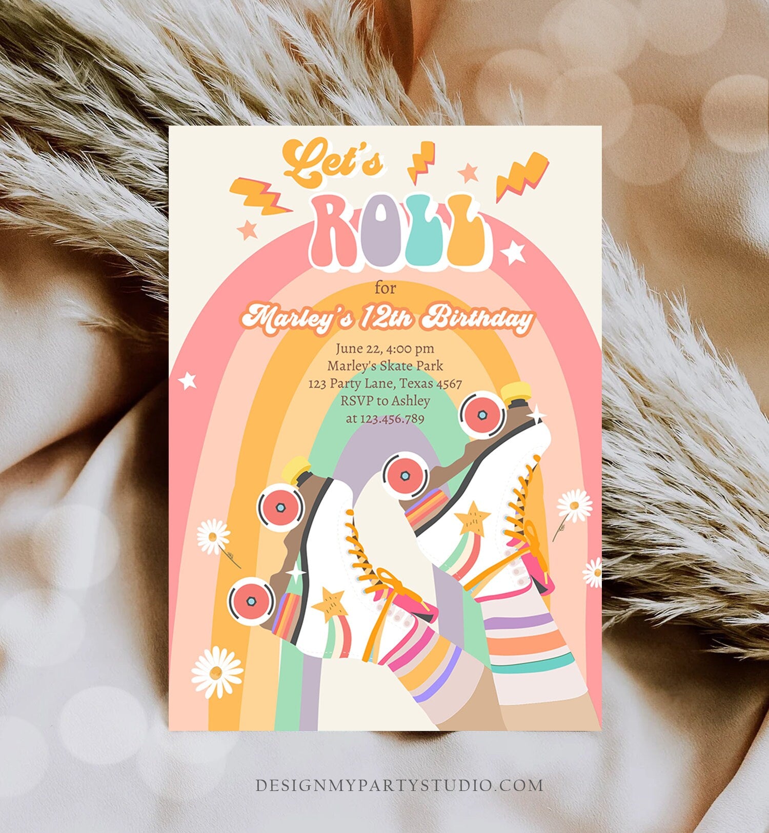 Editable Retro Roller Skate Birthday Party Invitation Let's Roll Skating Kids Rainbow 70's Skate Invite Download Template Corjl Digital 0435