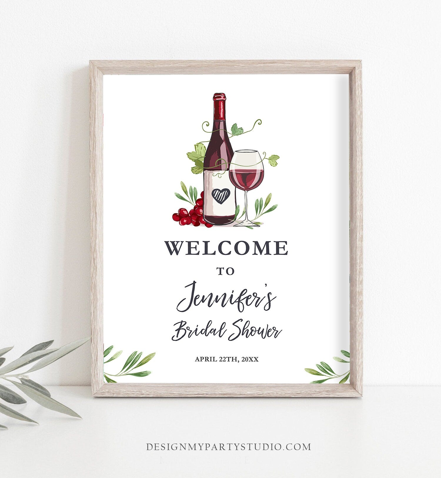 Editable Wine Welcome Sign Couples Shower Welcome Cheers to Love Brunch Bubbly Grapes Bottle White Red Floral Corjl Template Printable 0234