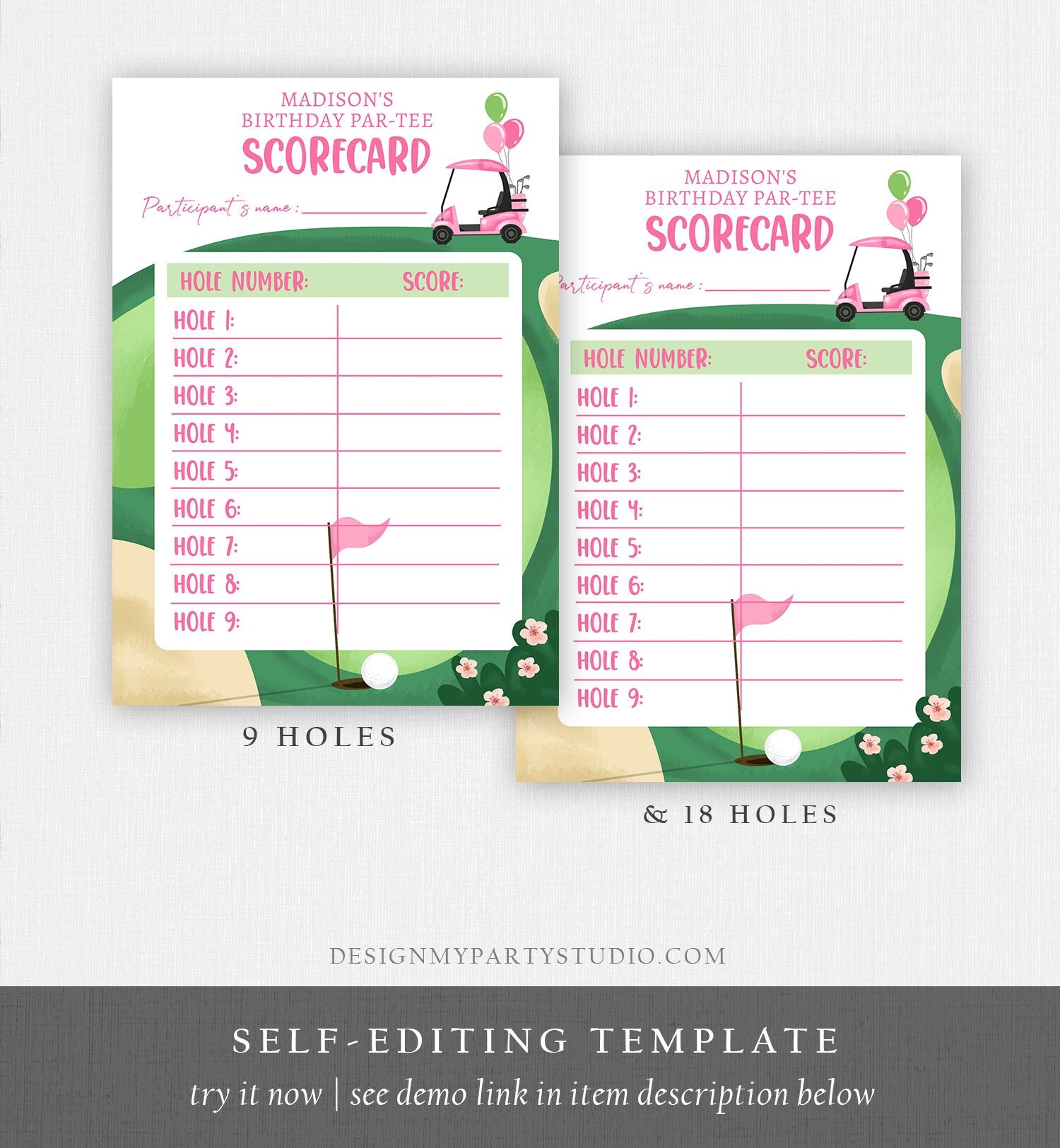 Editable Golf Score Card Birthday Par-tee Game Golfing Girl Pink Golf Baby Shower Activity Download Printable Template Digital Corjl 0405