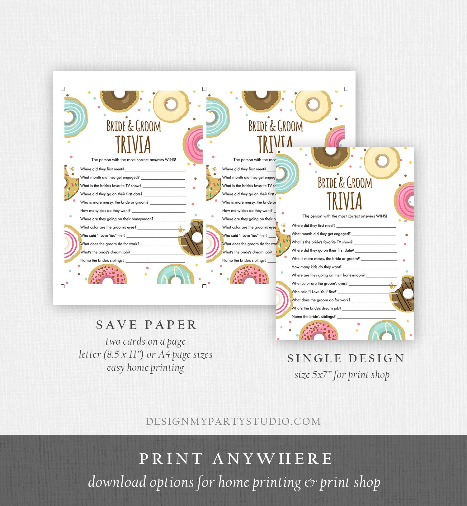 Editable Bride and Groom Trivia Bridal Shower Game Donut Coed Shower Doughnut Mind if I Do Wedding Activity Corjl Template Printable 0050