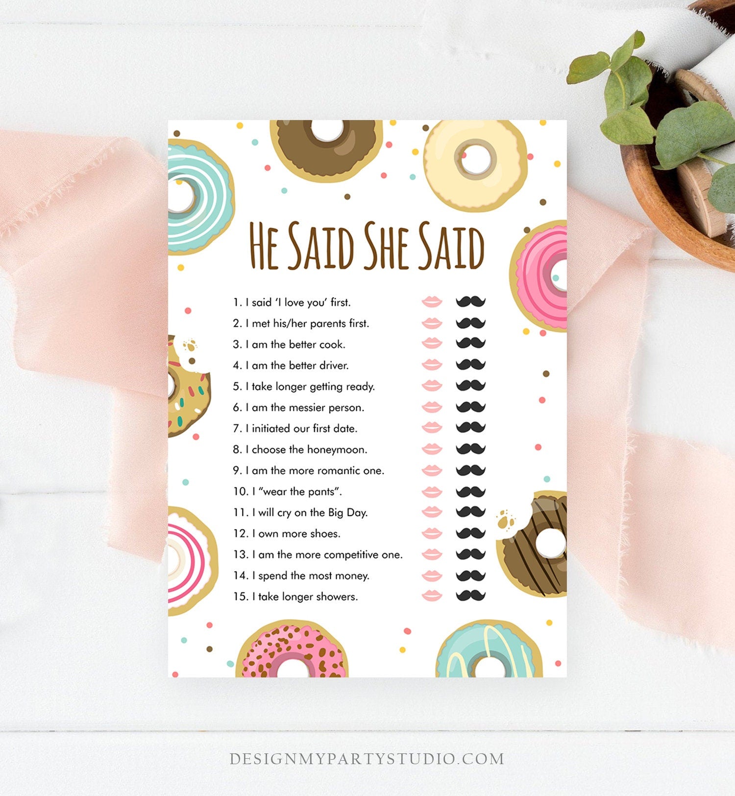 Editable He Said She Said Donut Bridal Shower Game Bride Groom Coed Doughnut Mind if I Do Wedding Activity Corjl Template Printable 0050