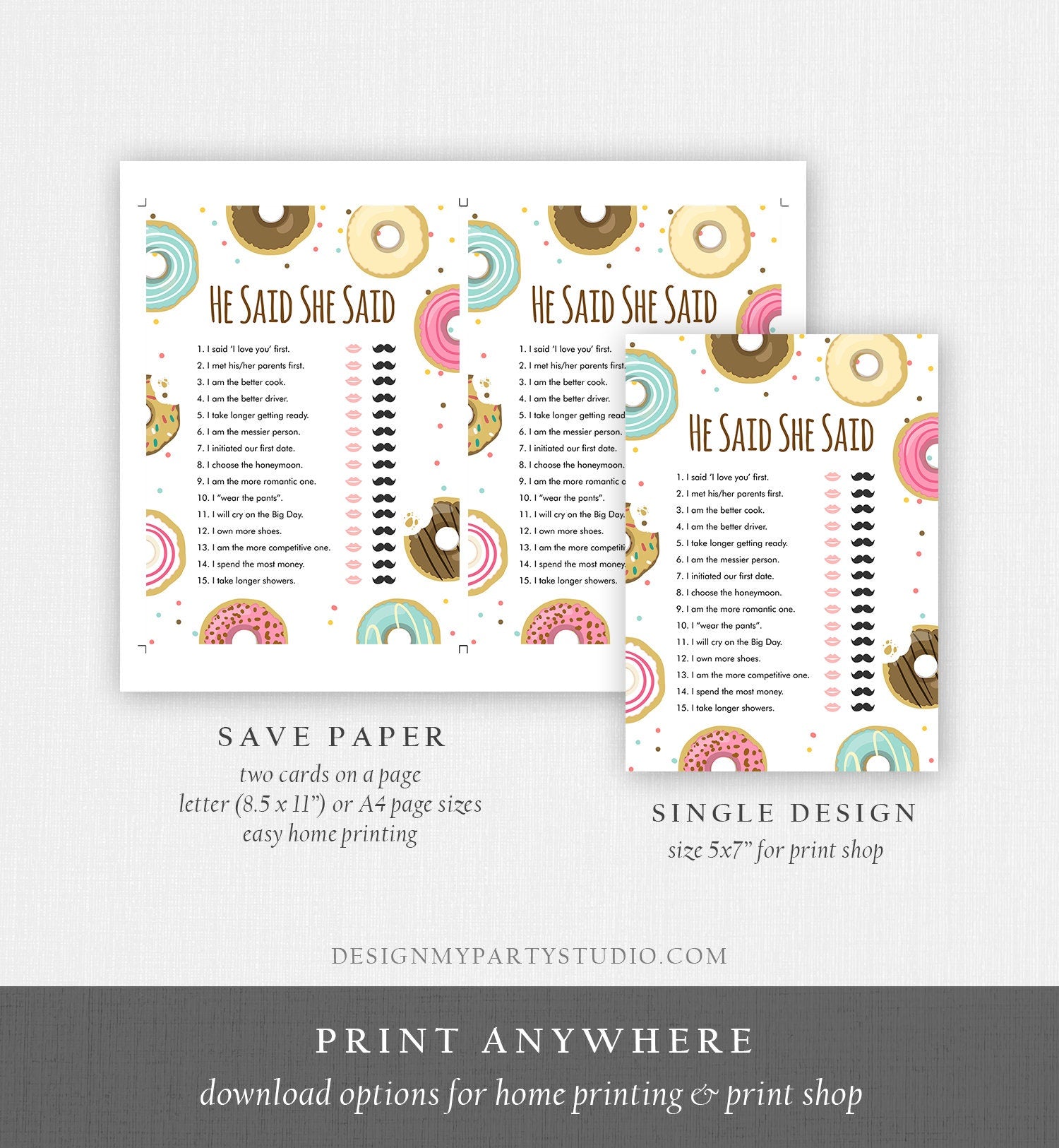 Editable He Said She Said Donut Bridal Shower Game Bride Groom Coed Doughnut Mind if I Do Wedding Activity Corjl Template Printable 0050