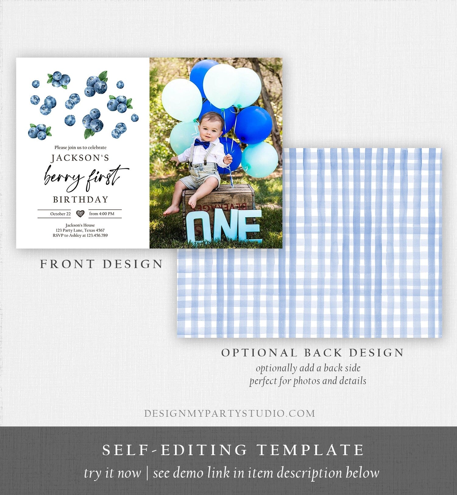 Editable Blueberry Birthday Invitation First Birthday Berry Sweet Boy Cute Blueberries 1st Digital Download Evite Template Printable 0399