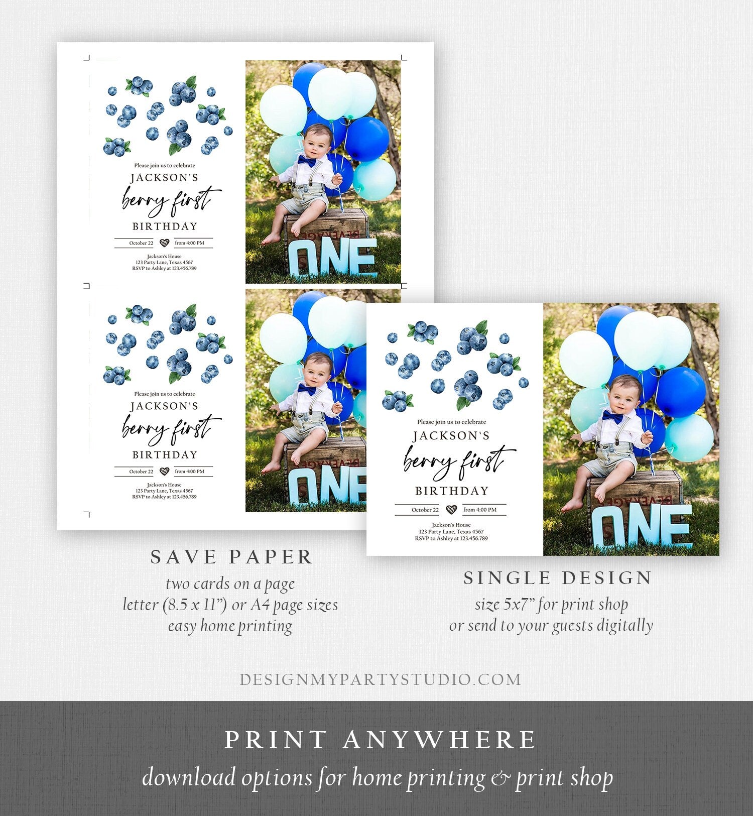 Editable Blueberry Birthday Invitation First Birthday Berry Sweet Boy Cute Blueberries 1st Digital Download Evite Template Printable 0399