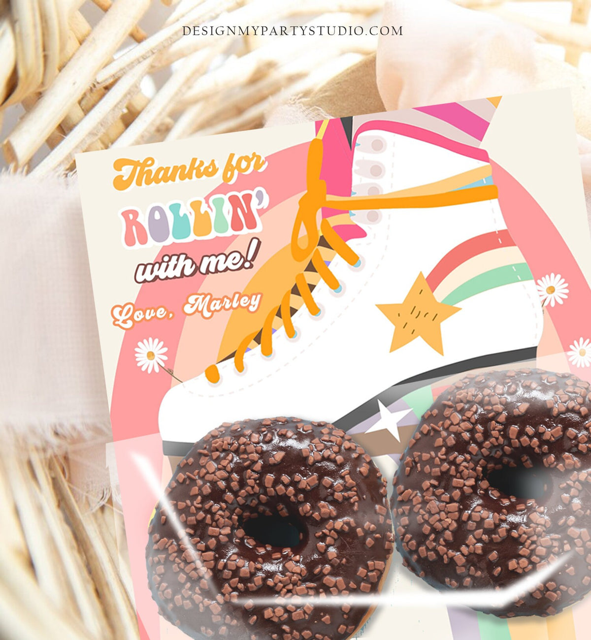 Editable Skate Treat Bag Inserts Retro Skate Birthday Party Favors Donuts Cookies Skating 70&#39;s Roller Rink Printable Corjl Template 0435