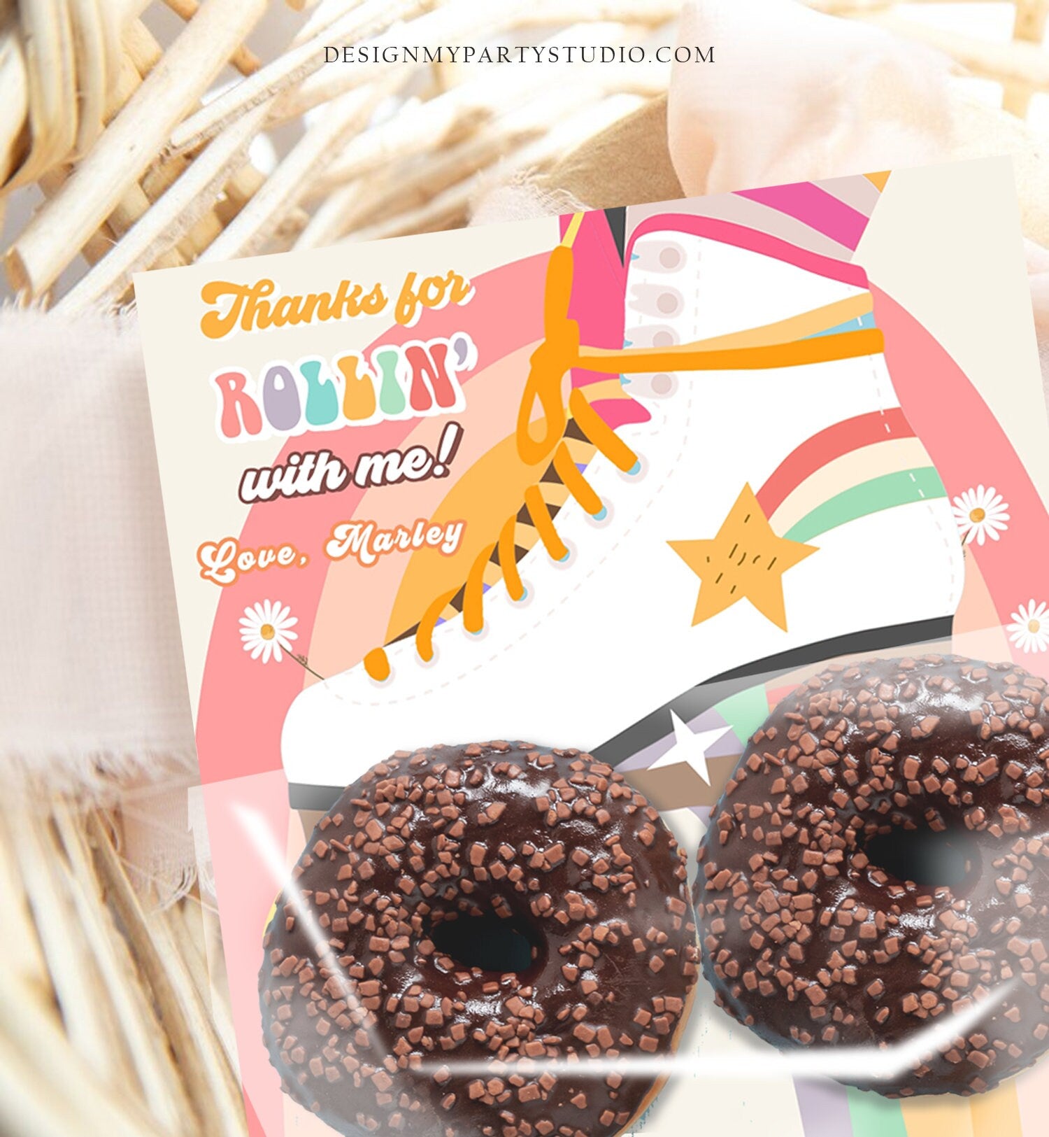 Editable Skate Treat Bag Inserts Retro Skate Birthday Party Favors Donuts Cookies Skating 70's Roller Rink Printable Corjl Template 0435