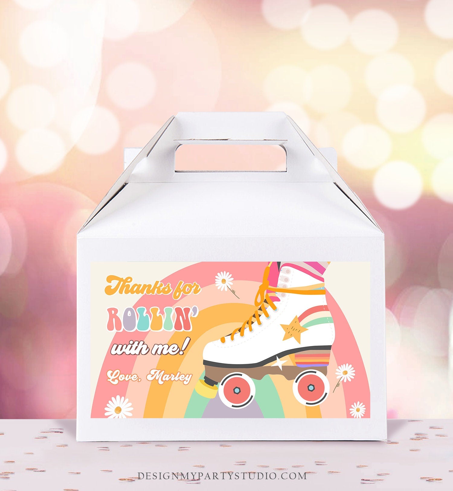 Editable Retro Skate Birthday Party Gable Box Favor Label 70's Gift Box Labels Skating Party Rolling Roller Download Printable Corjl 0435