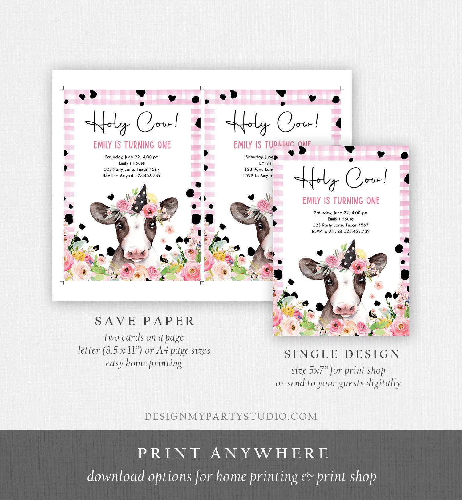 Editable Cow Birthday Invitation Girl Farm Animals Pink Floral Barnyard Party Holy Cow Party 1st One Download Printable Template Corjl 0434