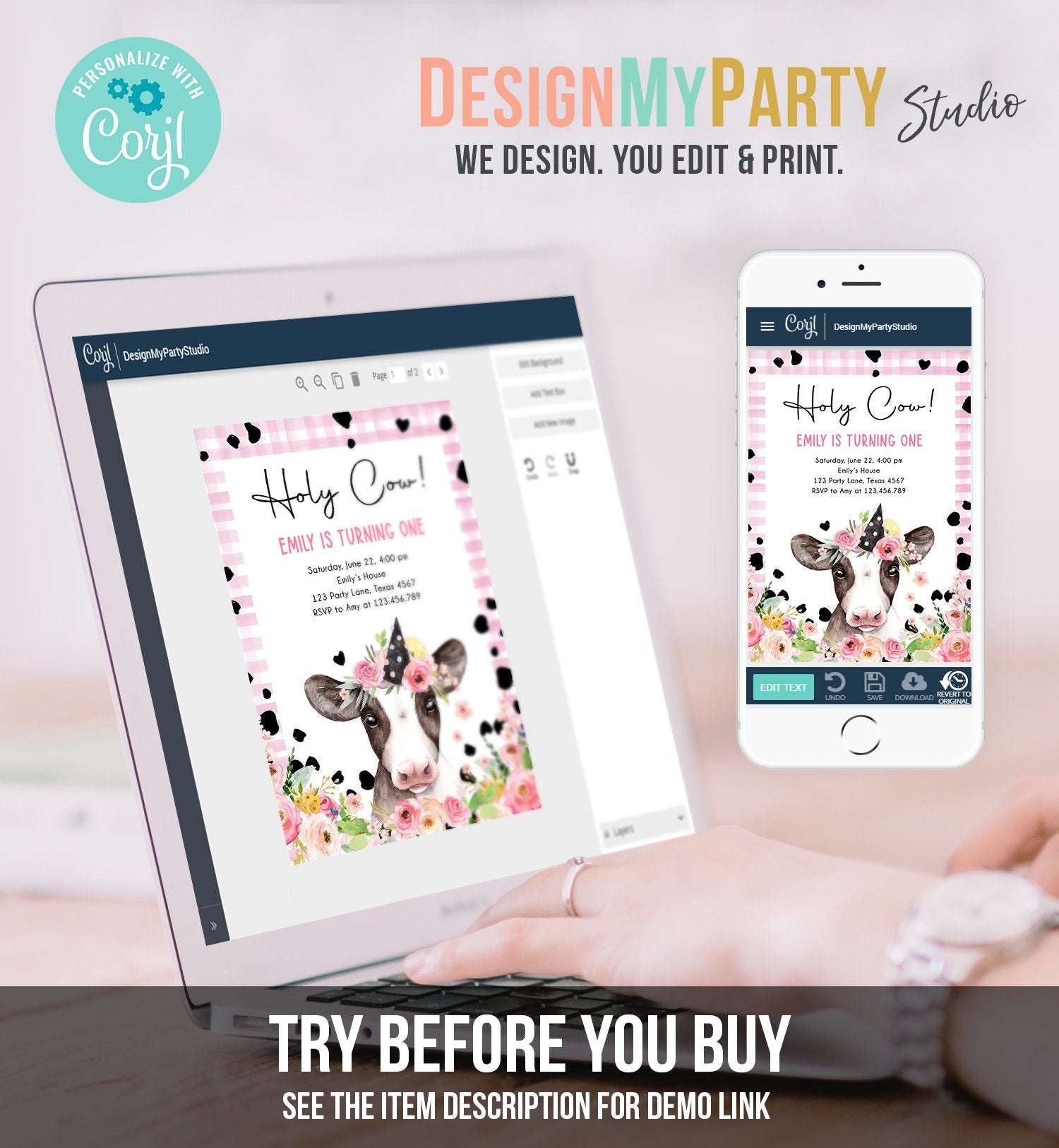 Editable Cow Birthday Invitation Girl Farm Animals Pink Floral Barnyard Party Holy Cow Party 1st One Download Printable Template Corjl 0434