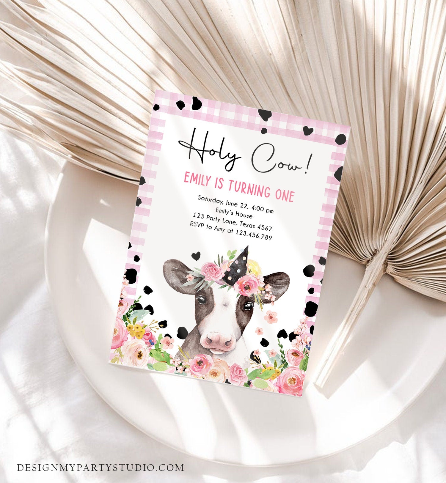 Editable Cow Birthday Invitation Girl Farm Animals Pink Floral Barnyard Party Holy Cow Party 1st One Download Printable Template Corjl 0434