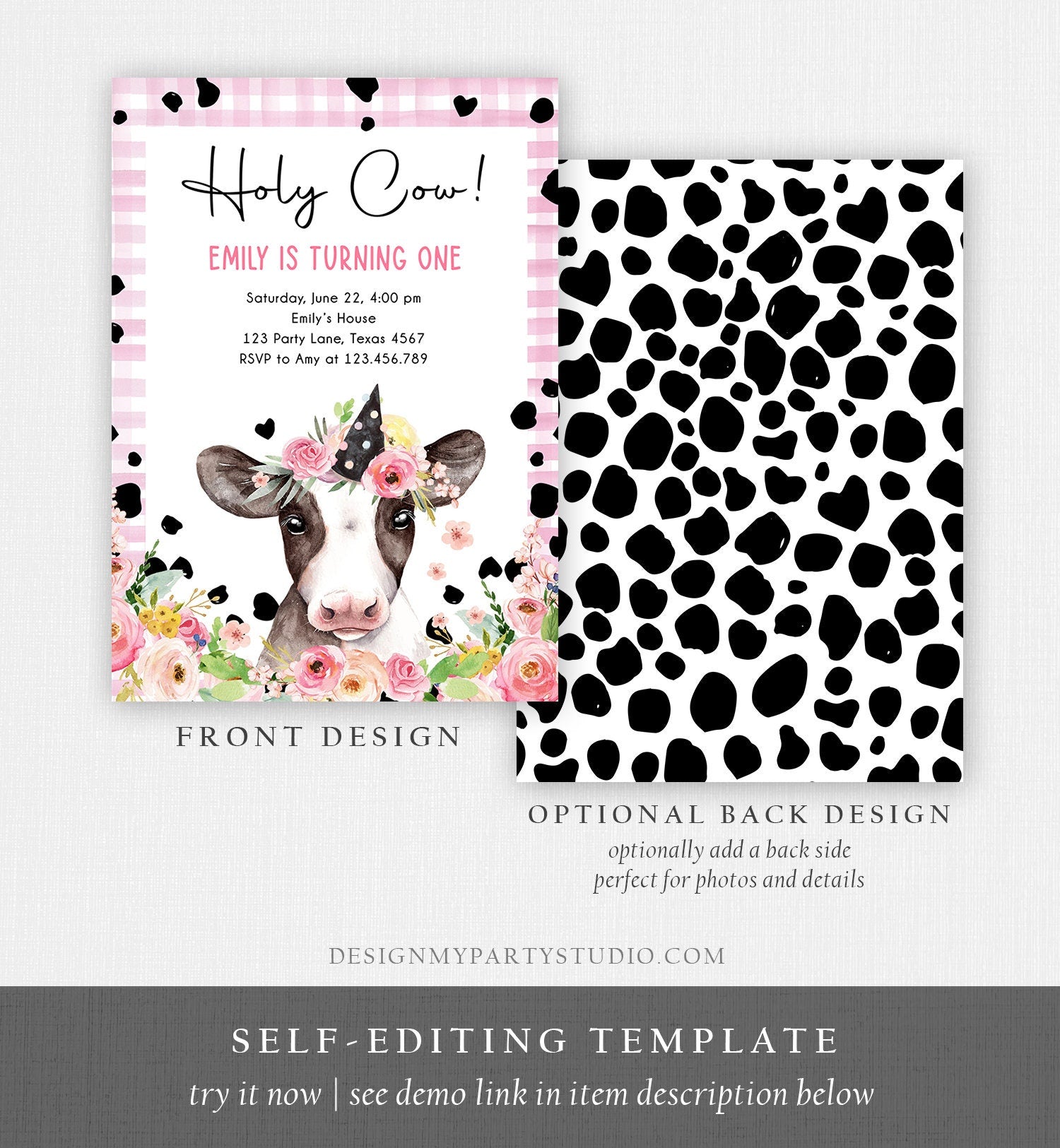 Editable Cow Birthday Invitation Girl Farm Animals Pink Floral Barnyard Party Holy Cow Party 1st One Download Printable Template Corjl 0434