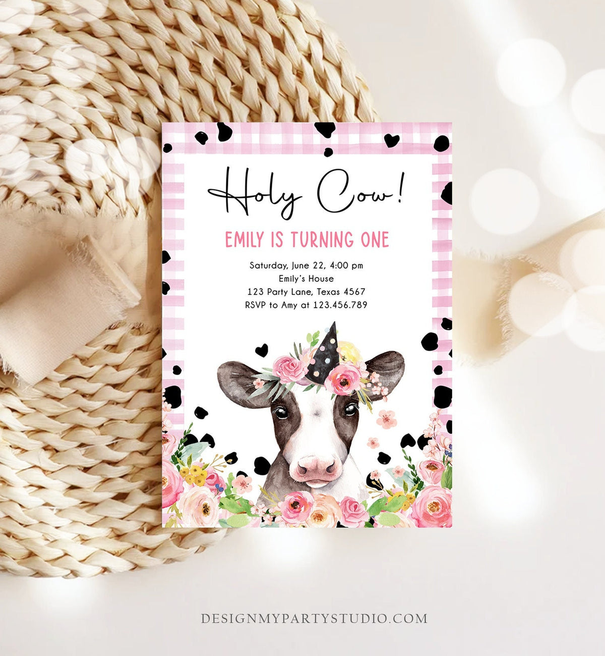 Editable Cow Birthday Invitation Girl Farm Animals Pink Floral Barnyard Party Holy Cow Party 1st One Download Printable Template Corjl 0434