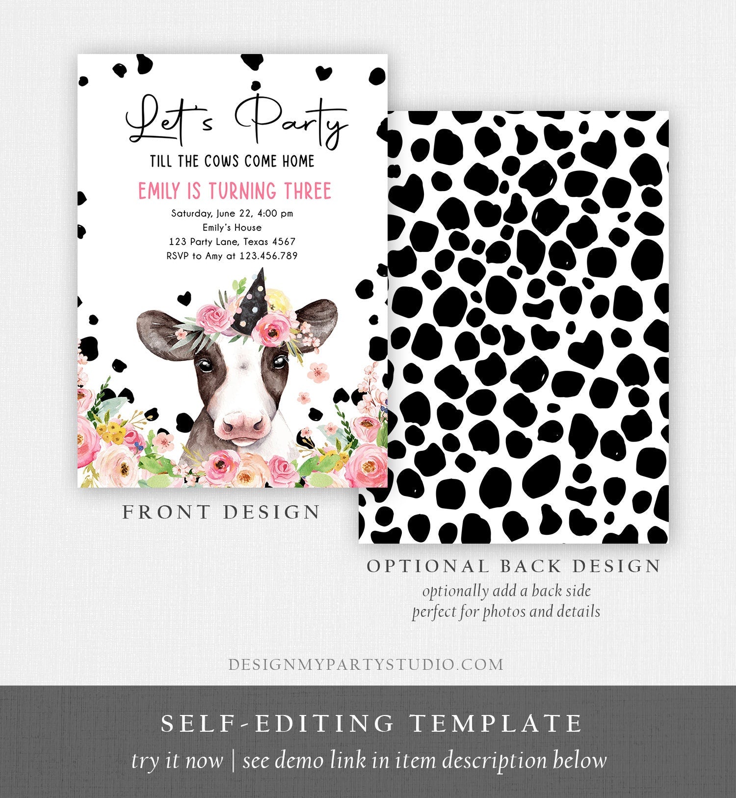 Editable Cow Birthday Invitation Girl Farm Animals Let's Party Till The Cows Come Home Holy Cow 1st Download Printable Template Corjl 0434