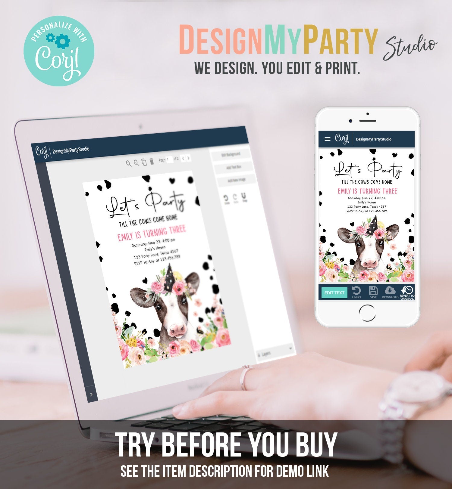 Editable Cow Birthday Invitation Girl Farm Animals Let's Party Till The Cows Come Home Holy Cow 1st Download Printable Template Corjl 0434