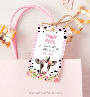 Editable Cow Thank You Tags Farm Favor Tags Thank Mooo Barnyard Gift Tags Pink Farm Floral Holy Cow Party Tag Template PRINTABLE Corjl 0434