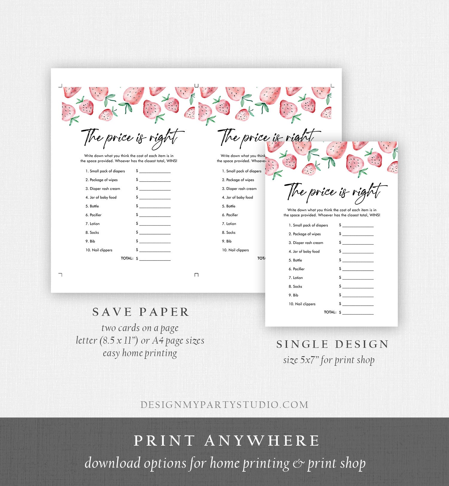 Editable The Price is Right Game Strawberry Baby Shower Baby Coed Sprinkle Strawberries Pink Instant Download Corjl Template Printable 0399