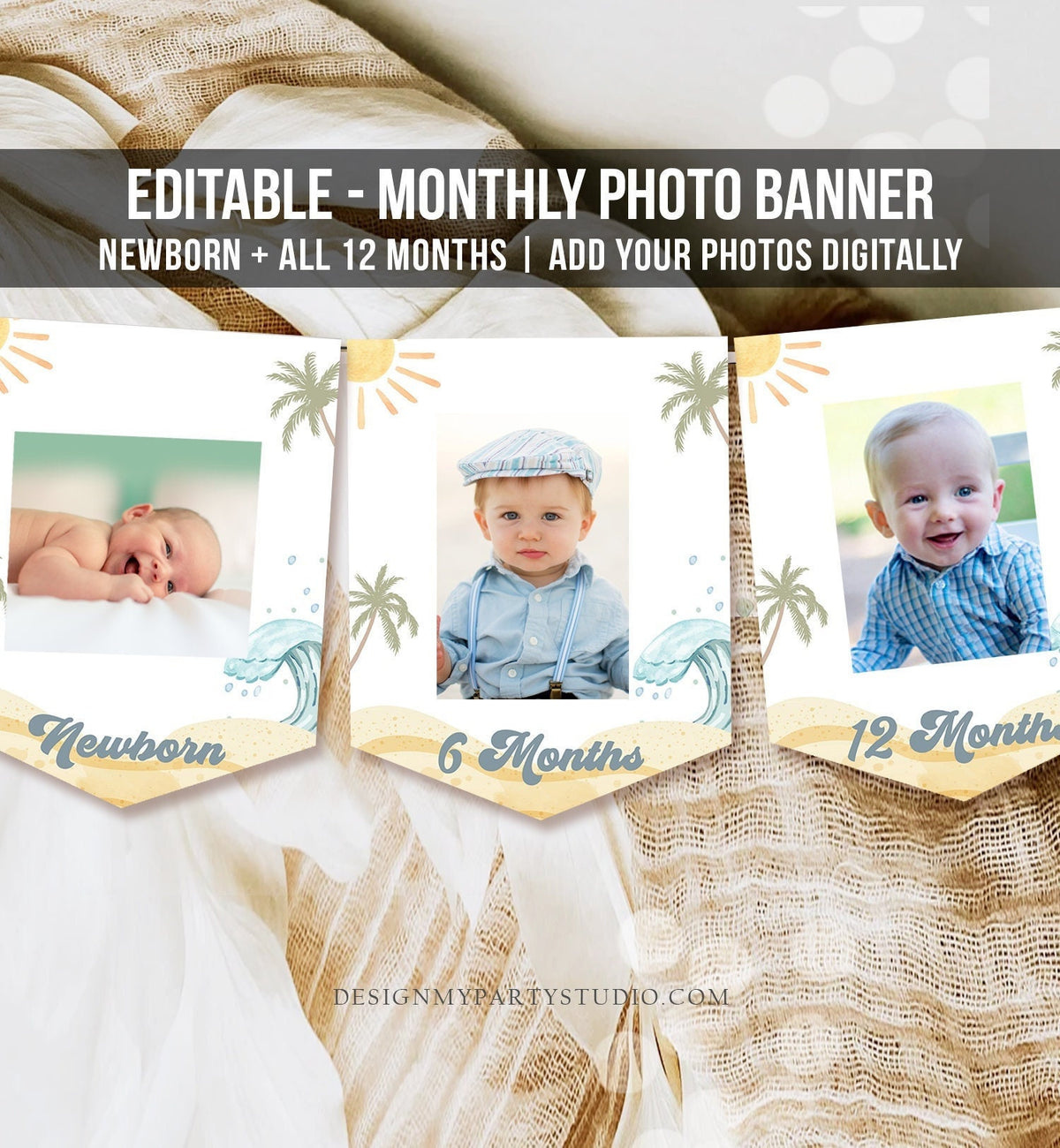 Editable Surf First Birthday Banner Monthly Photo Banner Boy Big One Surfs Party Surfboard Retro Beach 1st Corjl Template Printable 0433