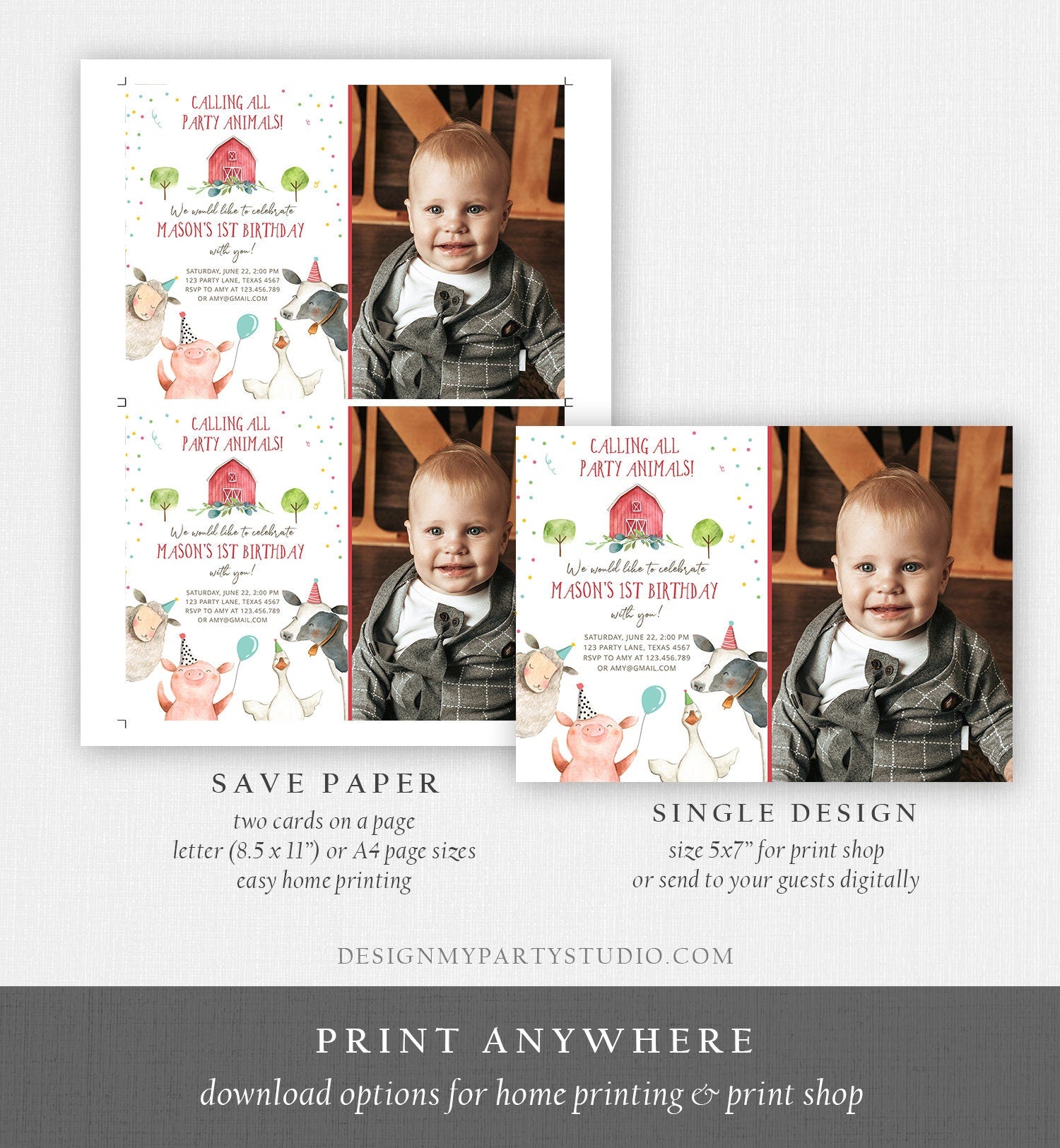 Editable Farm Animals Birthday Invitation Boy Farm Barnyard First Birthday Party Animals Confetti Download Corjl Template Printable 0155