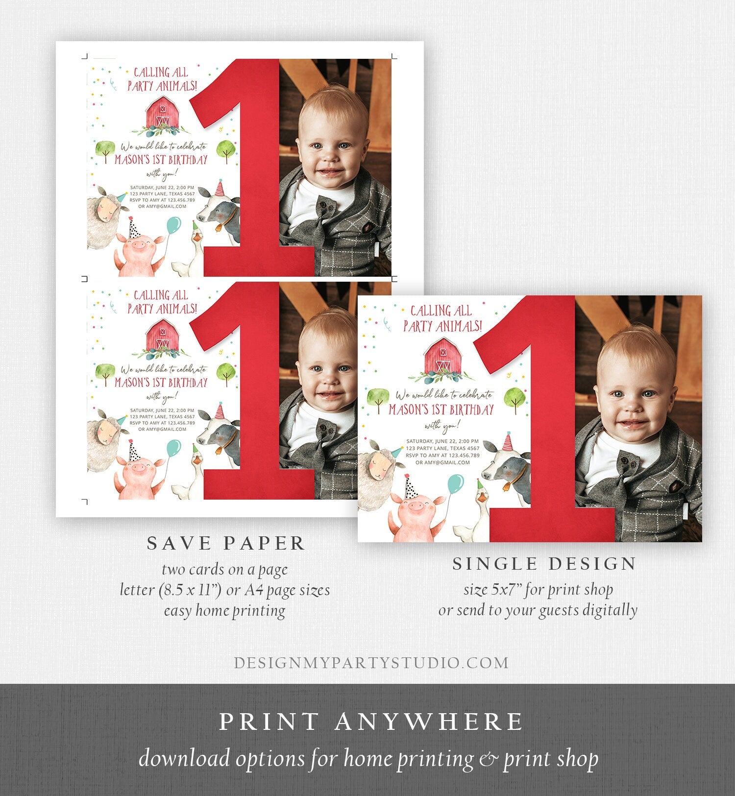 Editable Farm Animals 1st Birthday Invitation Boy Farm Barnyard First Birthday Party Animals Confetti Download Corjl Template Printable 0155