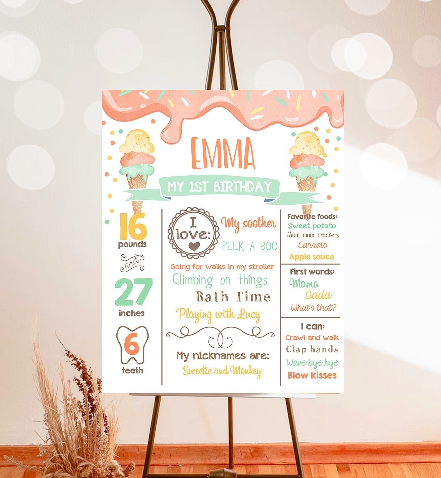 Editable Ice Cream Birthday Milestones Sign Girl Pink First Birthday 1st Cones Sweet Poster Digital Download Template Printable 0243