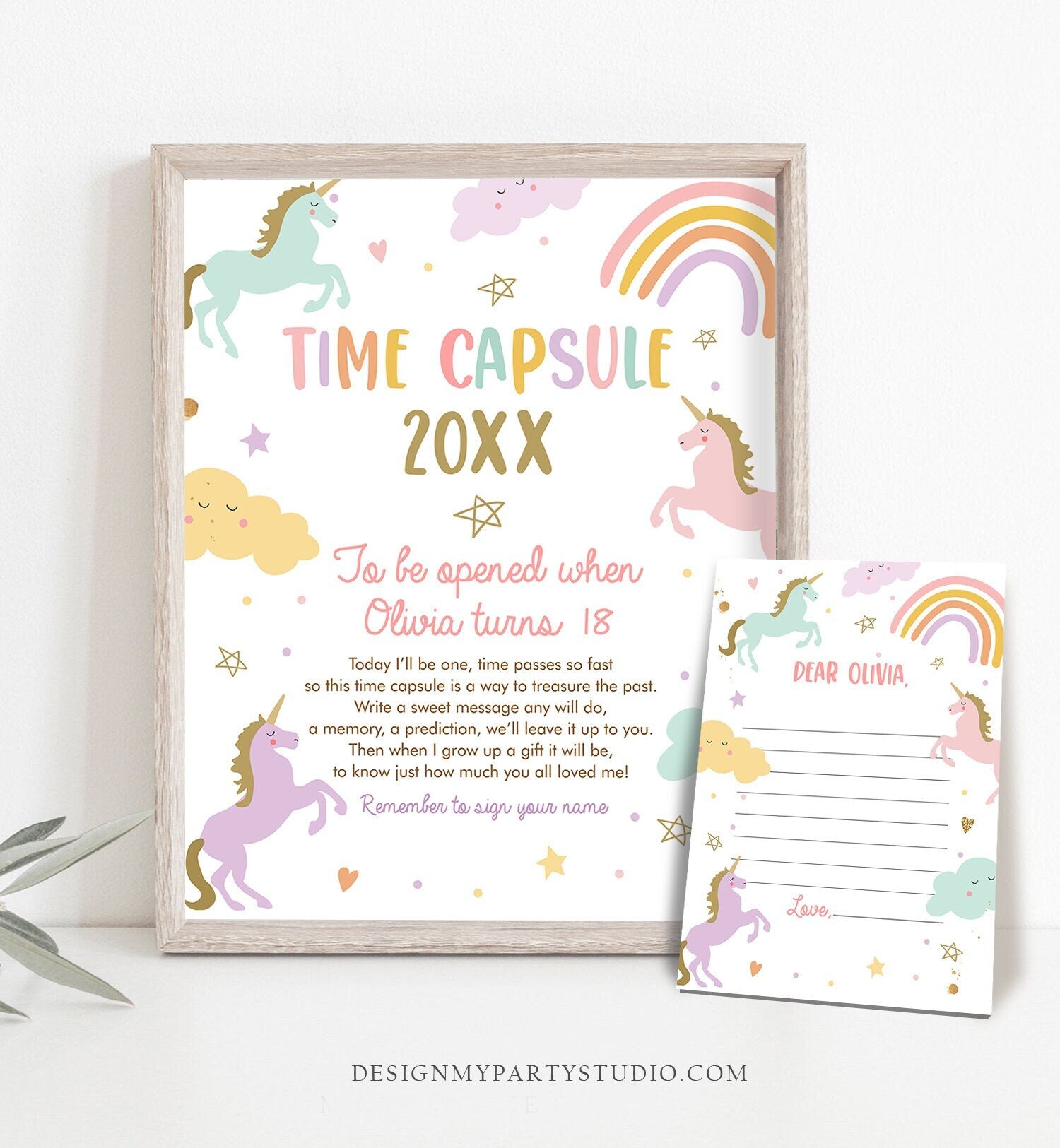 Editable Unicorn Time Capsule First Birthday Party Unicorn Birthday Magical Party Girl Pink Pastel Rainbow Template Printable Corjl 0426