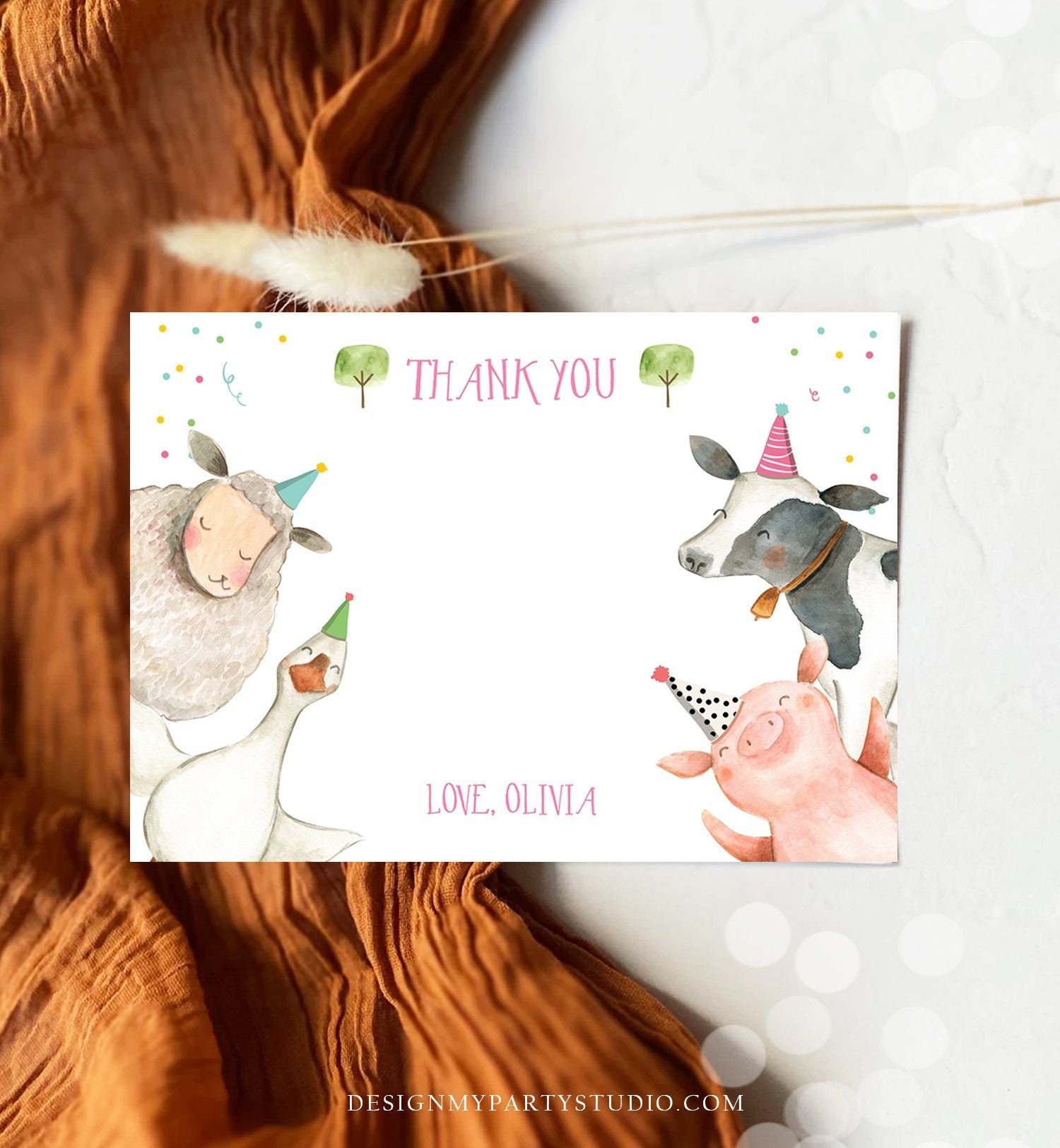 Editable Farm Animals Thank You Card Pink Gingham Farm Birthday Girl Barnyard Thank You Card Birthday Confetti Instant Download Corjl 0155