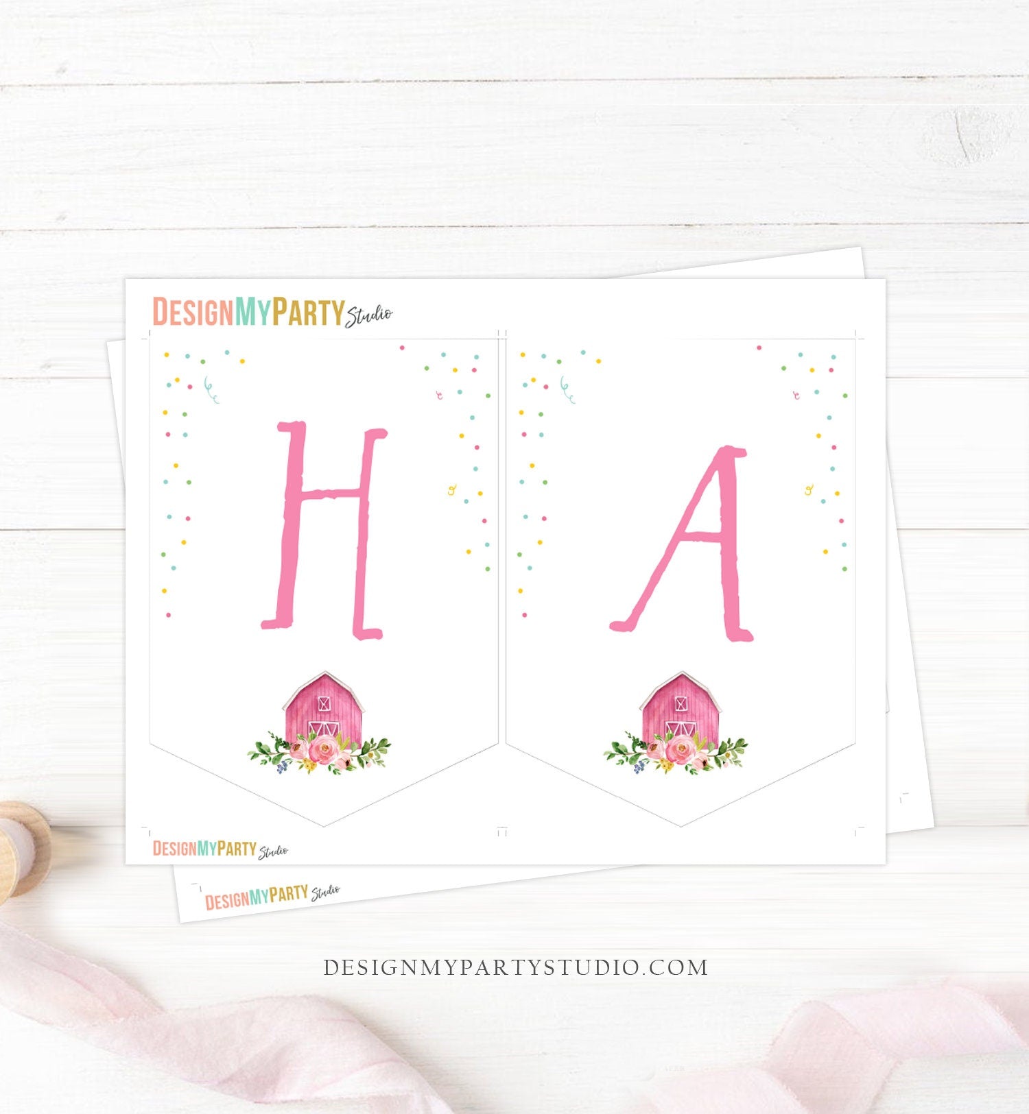 Happy Birthday Banner Pink Farm Birthday Banner Farm Animals Girl Barnyard Birthday Decor Confetti download PRINTABLE DIGITAL DIY 0155