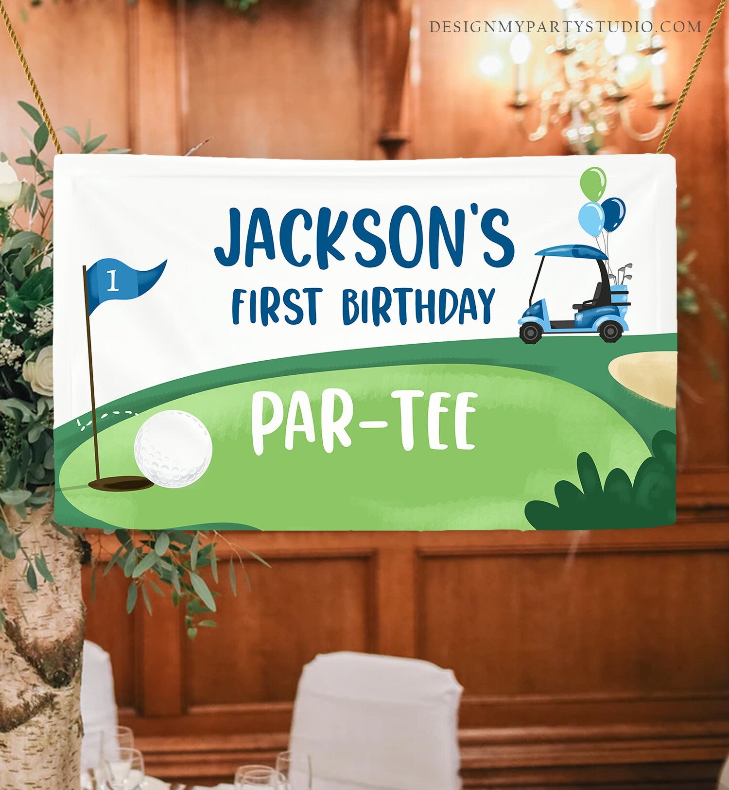 Editable Hole in One Backdrop Banner Golf Birthday Boy First Birthday Par-tee Golfing 1st Golf Party Download Corjl Template Printable 0405