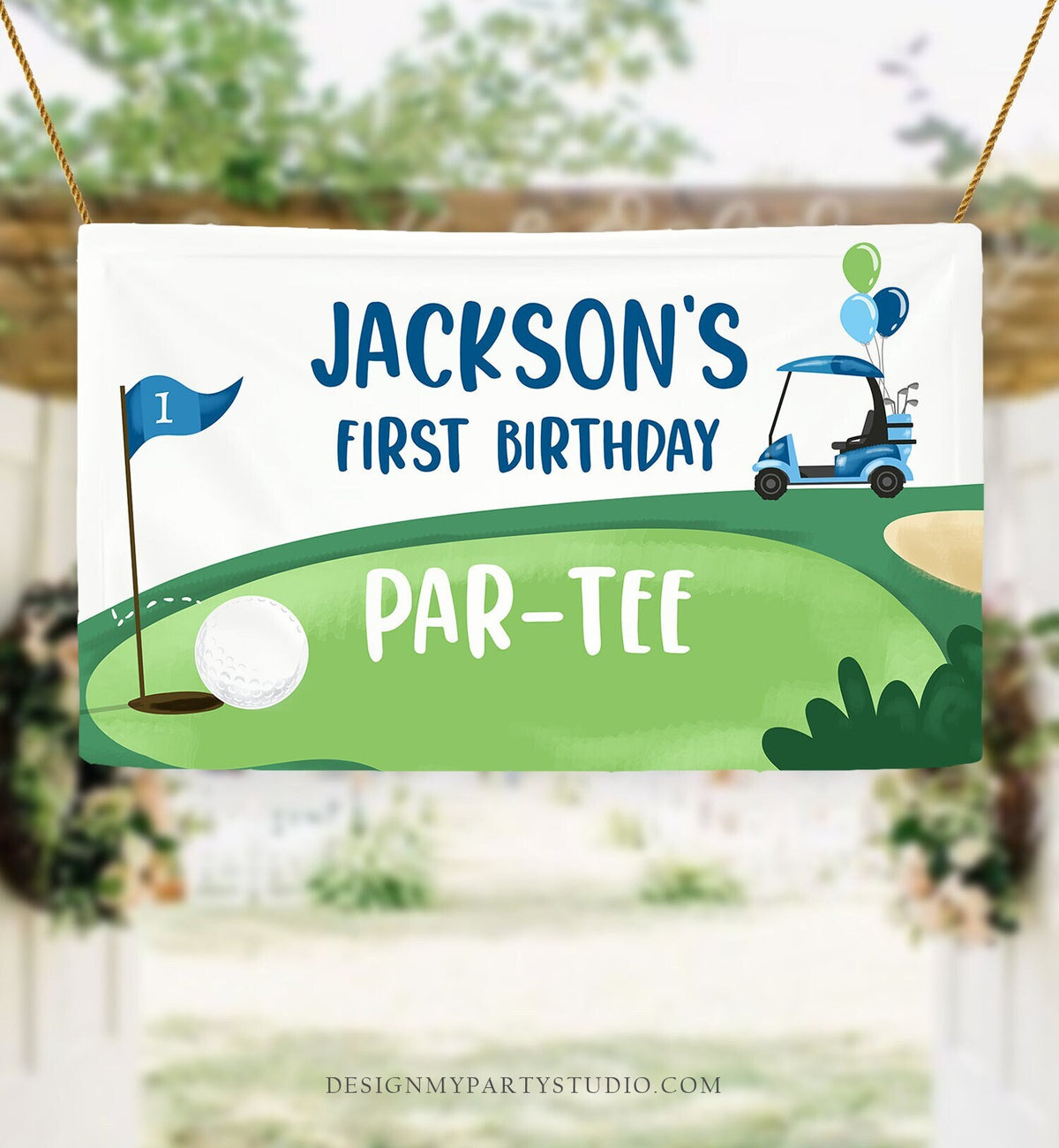 Editable Hole in One Backdrop Banner Golf Birthday Boy First Birthday Par-tee Golfing 1st Golf Party Download Corjl Template Printable 0405