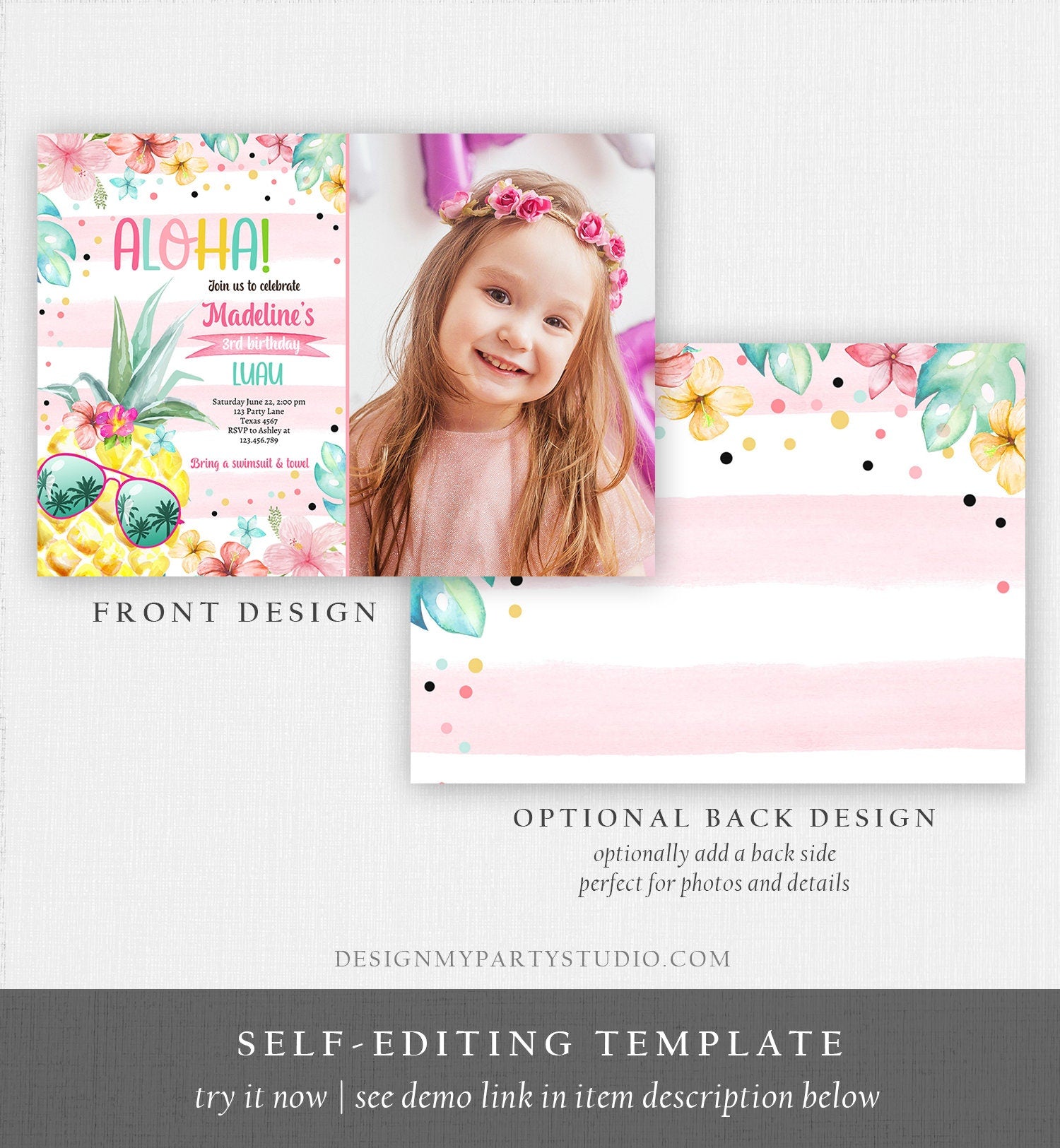 Editable Hawaiian Luau Birthday Invitation Pineapple Birthday Party Pool Party Pineapple Pink Girl Download Corjl Template Printable 0391