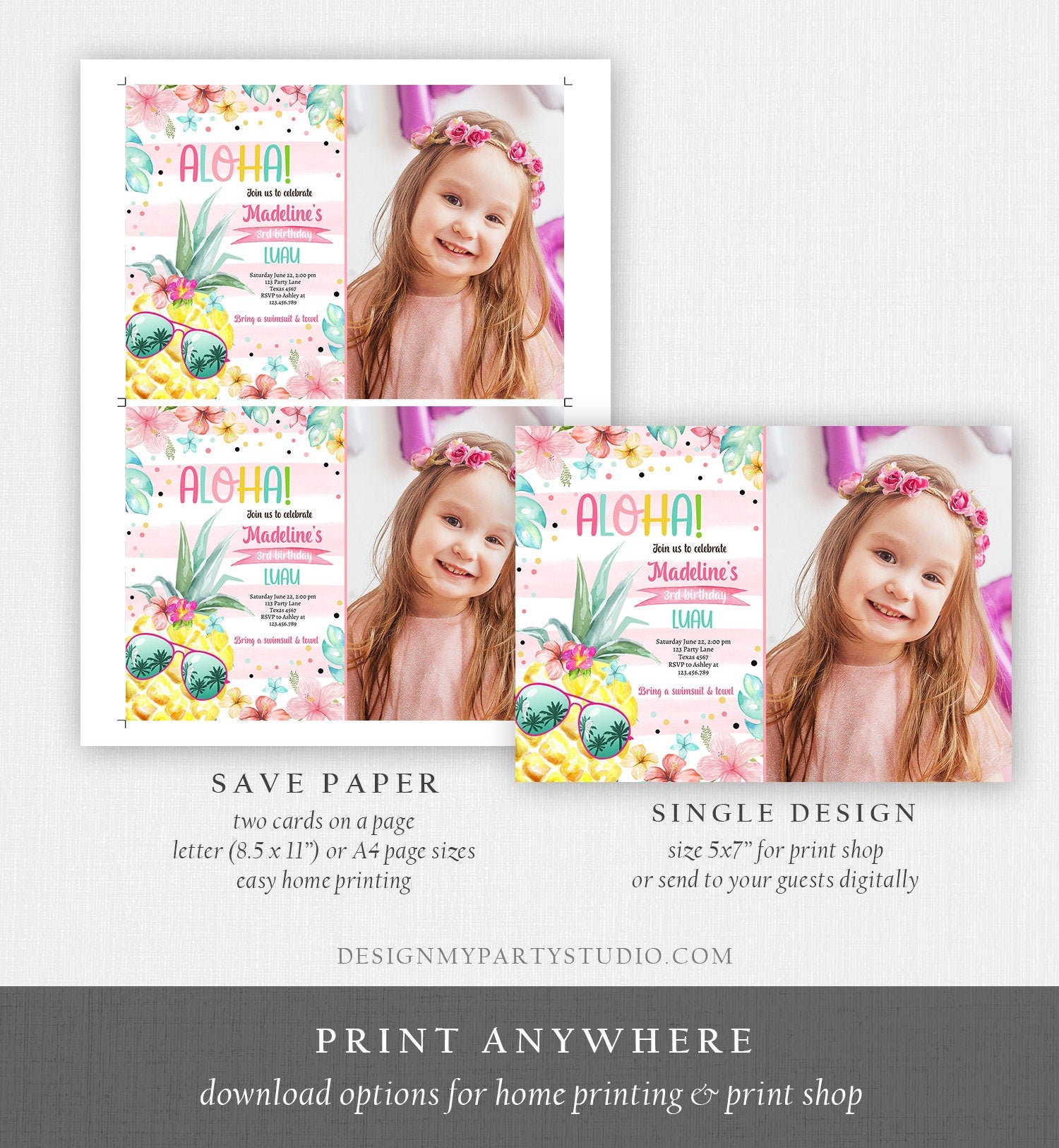 Editable Hawaiian Luau Birthday Invitation Pineapple Birthday Party Pool Party Pineapple Pink Girl Download Corjl Template Printable 0391