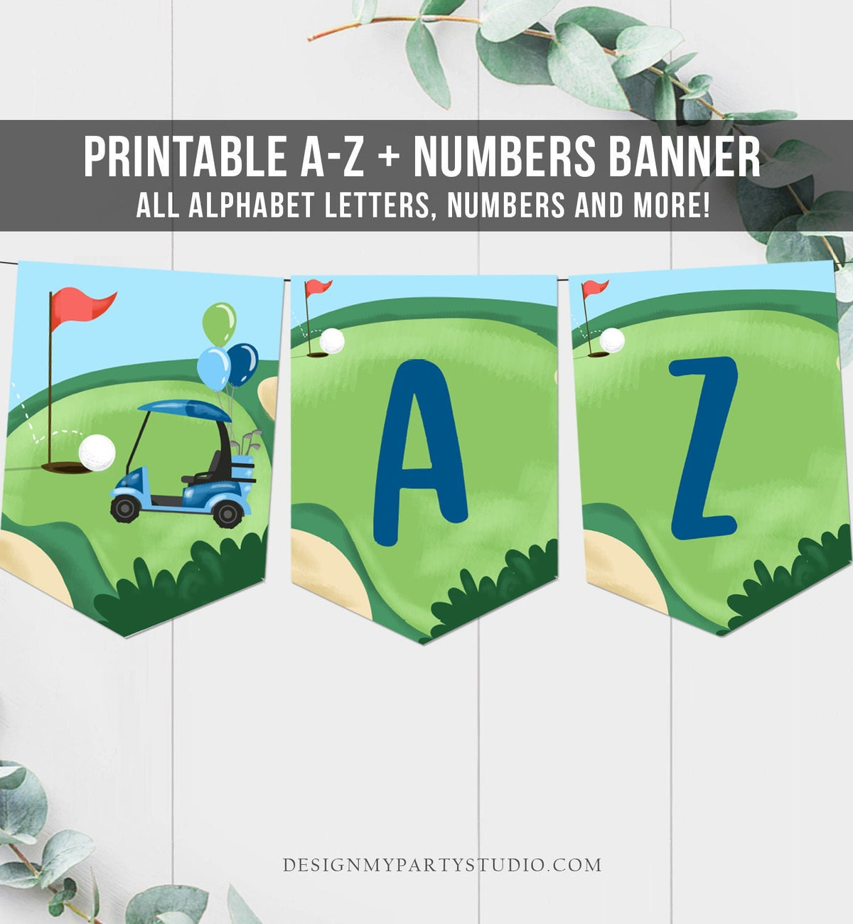 Golf Alphabet Banner Letters A to Z Numbers Hole in One Banner Birthday Boy Blue Golfing Decor Par-tee Digital Download Printable 0405