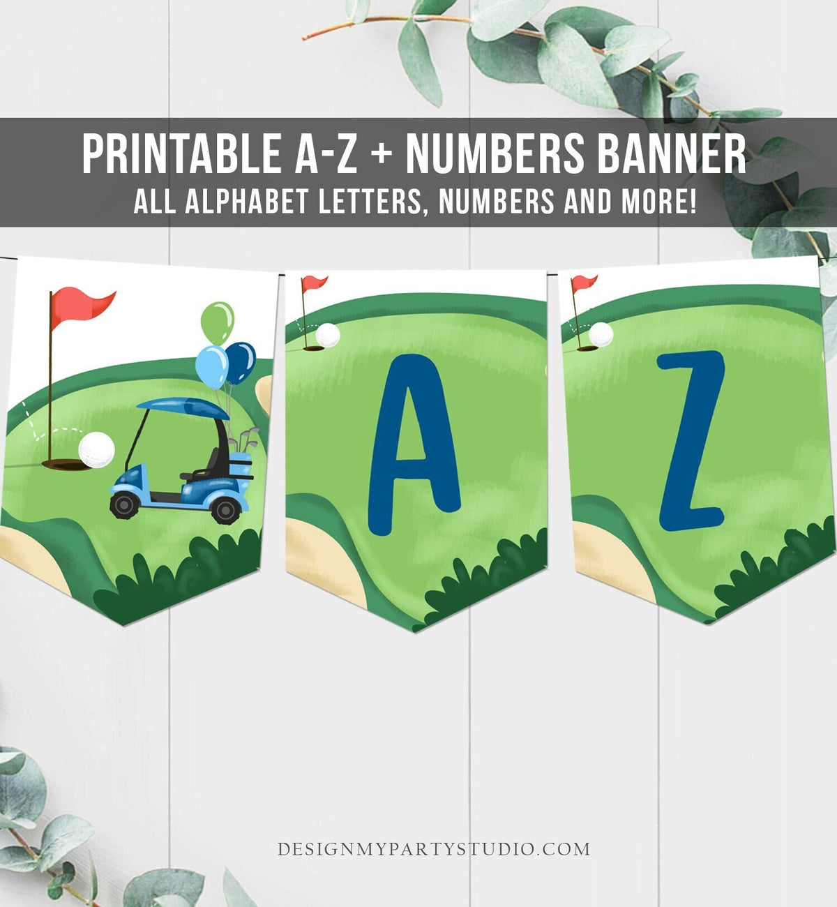 Golf Alphabet Banner Letters A to Z Numbers Hole in One Banner Birthday Boy Blue Golfing Decor Par-tee Digital Download Printable 0405