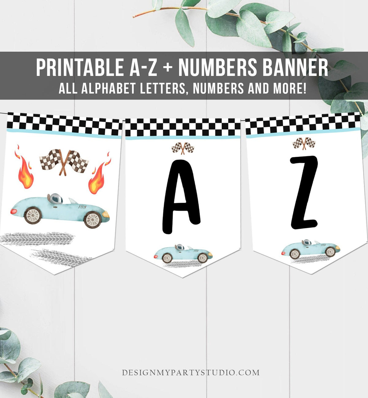 Race Car Alphabet Banner Blue Race Car Letters A to Z Racing Birthday Decor Growing Up Two Fast Instant Digital Download Printable 0424