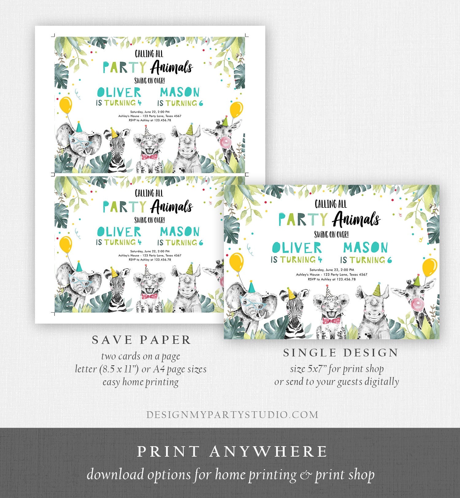 Editable Party Animals Birthday Invitation Wild One Safari Animals ANY AGE Boys Siblings Combined Joint Digital Template Printable 0322