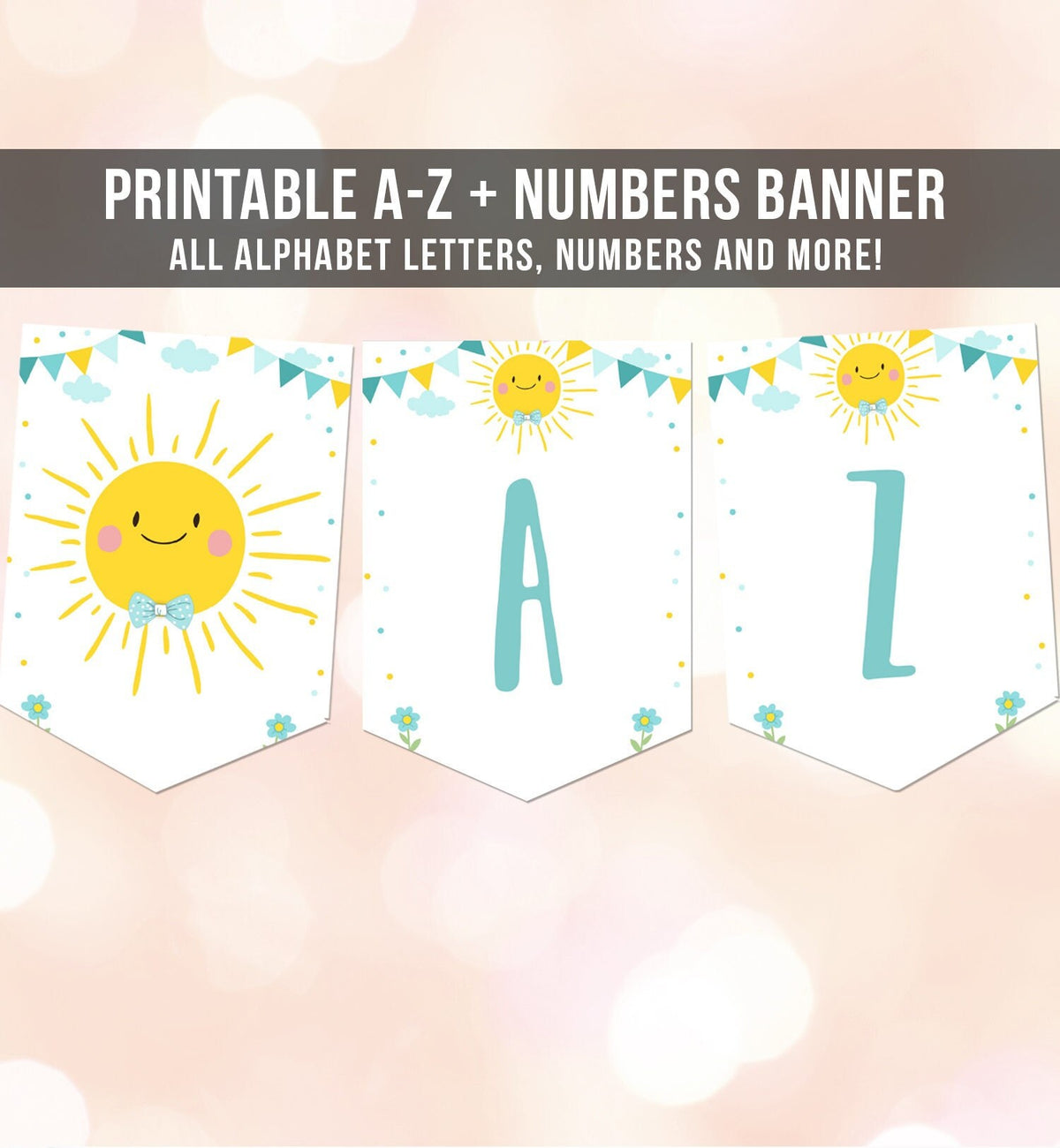 Little Sunshine Birthday Banner A-Z Alphabet Numbers Banner First Happy Birthday Banner Blue Boy Bow Sunshine Decor Download Printable 0141