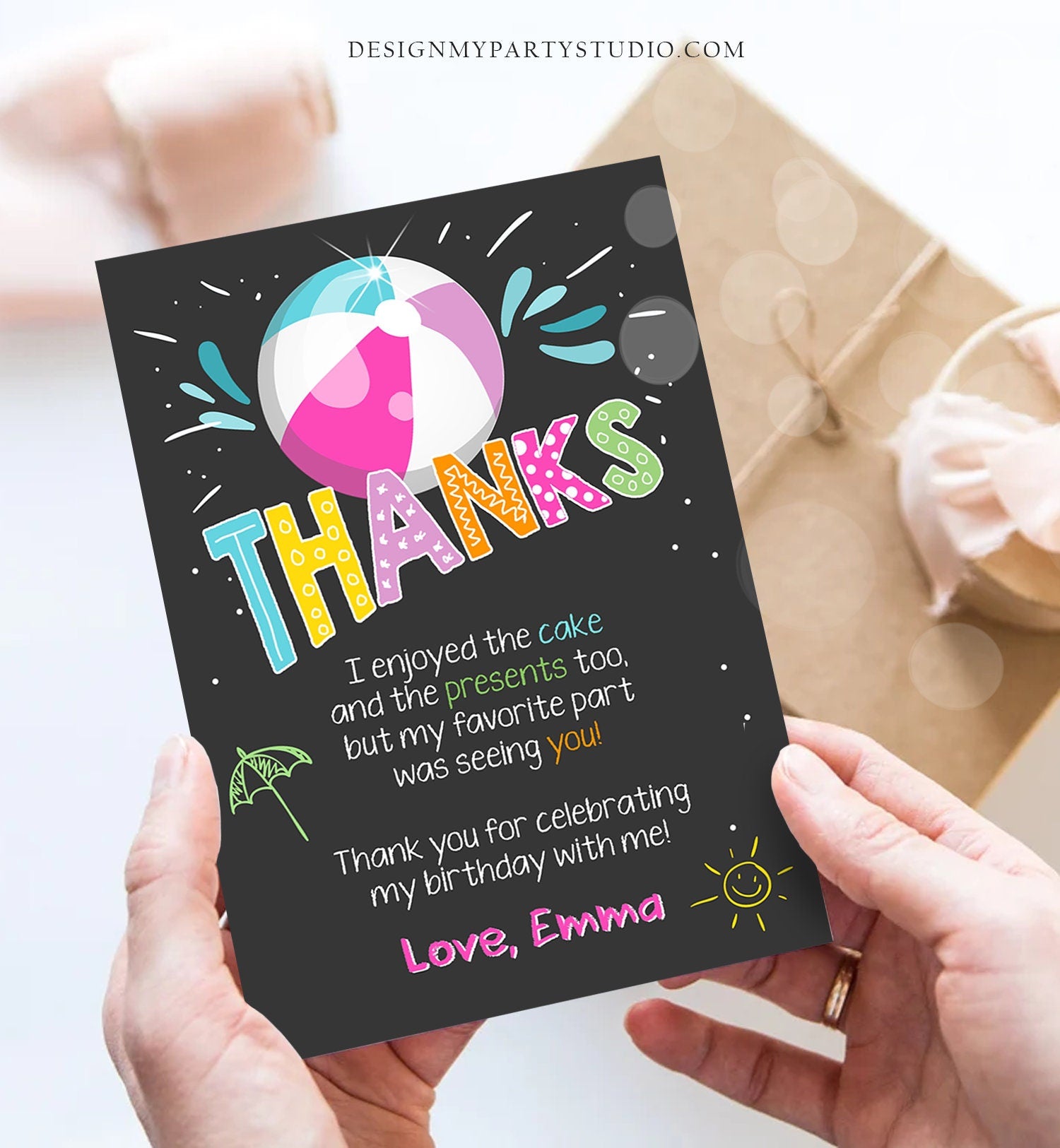 Editable Splish Splash Pool Party Thank You Card Birthday Pool Party Girl Beach Thank You Note Pink Template Instant Download Corjl 0169