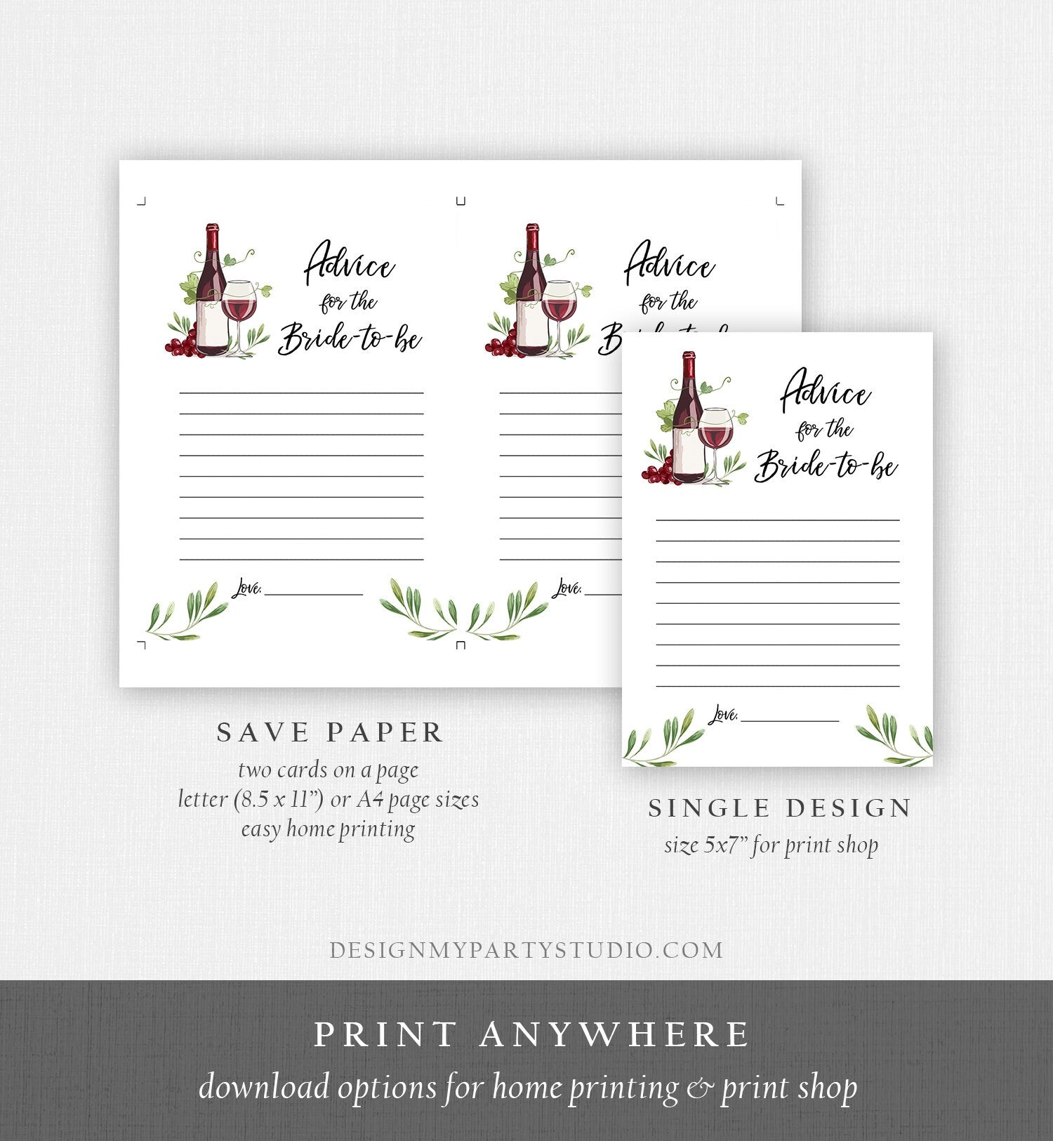 Editable Advice for the Bride-to-be Card Words of Wisdom Wine Grapes Vineyard Shower Game Wine Bottle Glass Corjl Template Printable 0234