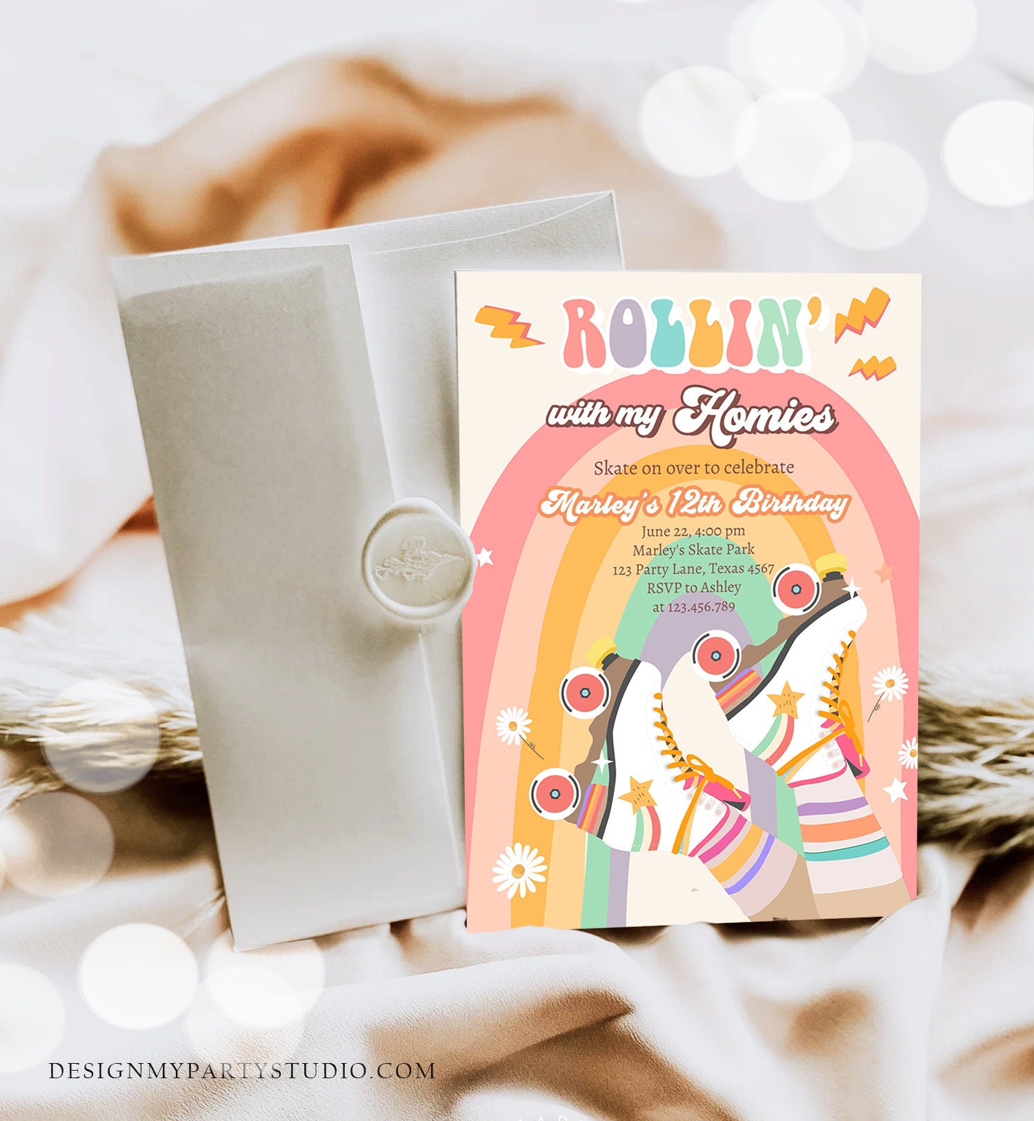 Editable Retro Roller Skate Birthday Party Invitation Rollin' With My Homies Skating 70's Skate Invite Download Template Corjl Digital 0435