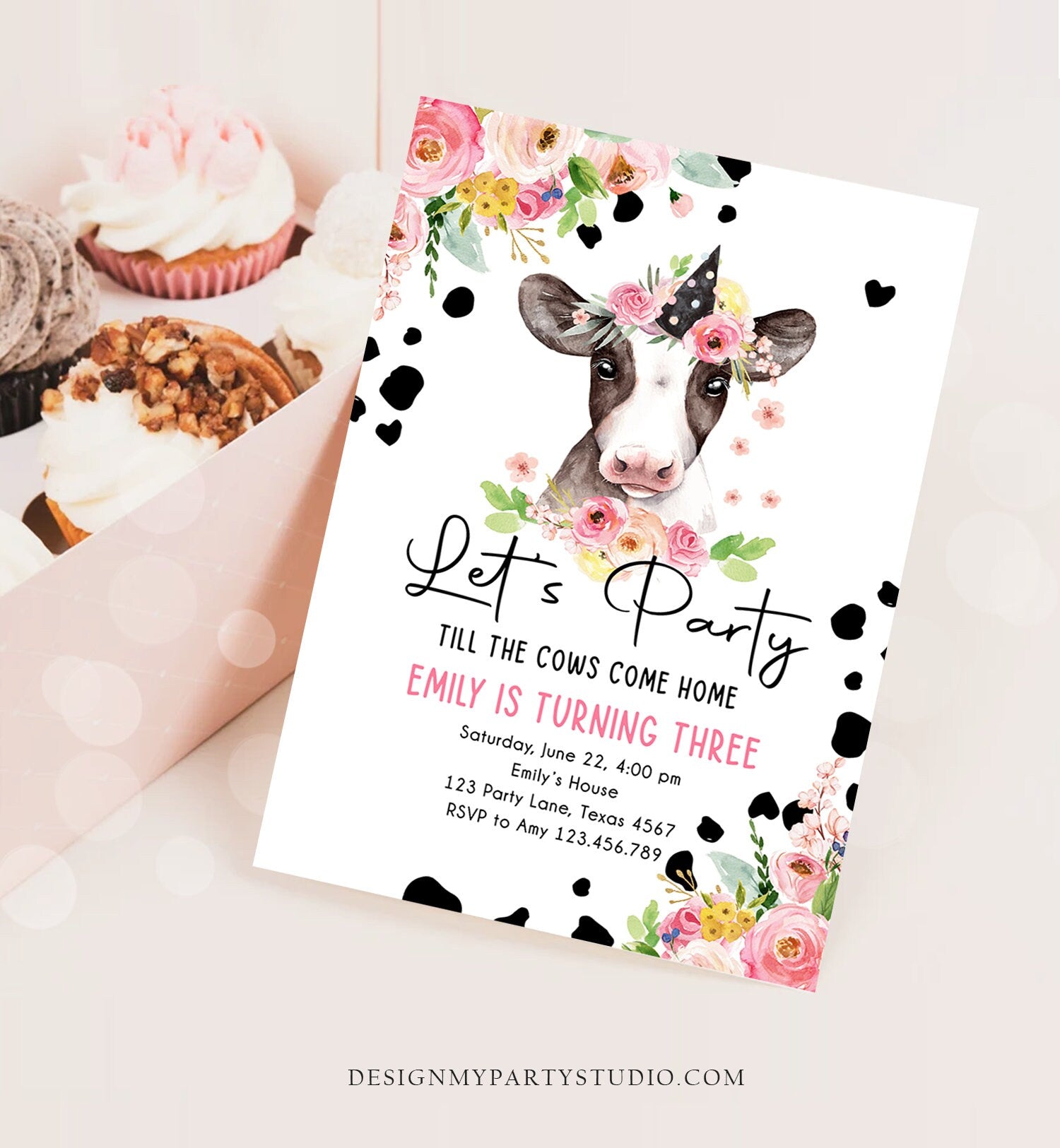 Editable Cow Birthday Invitation Girl Farm Animals Let's Party Till The Cows Come Home Holy Cow 1st Download Printable Template Corjl 0434