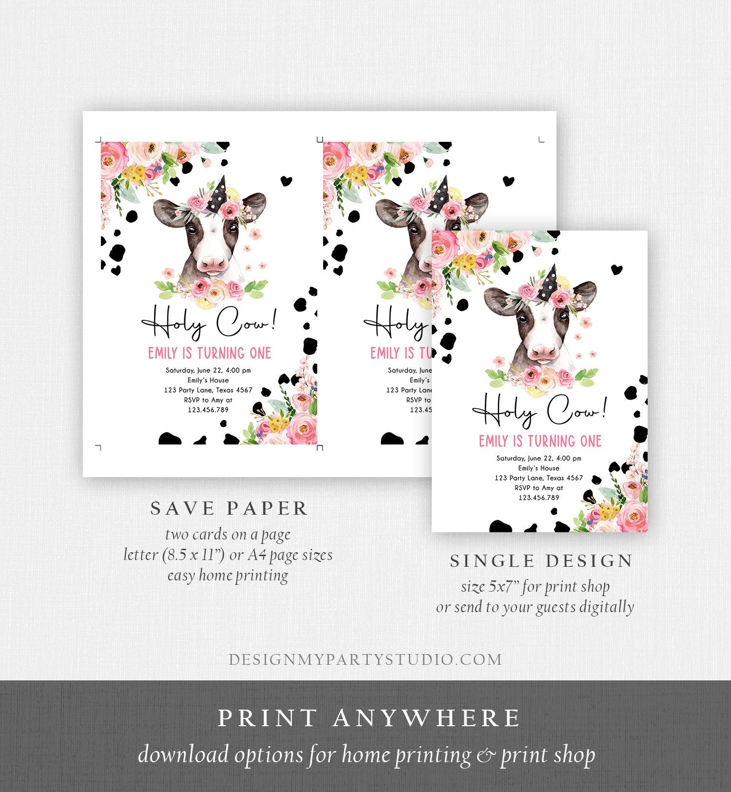 Editable Cow Birthday Invitation Girl Farm Animals Pink Floral Barnyard Party Holy Cow Party 1st One Download Printable Template Corjl 0434