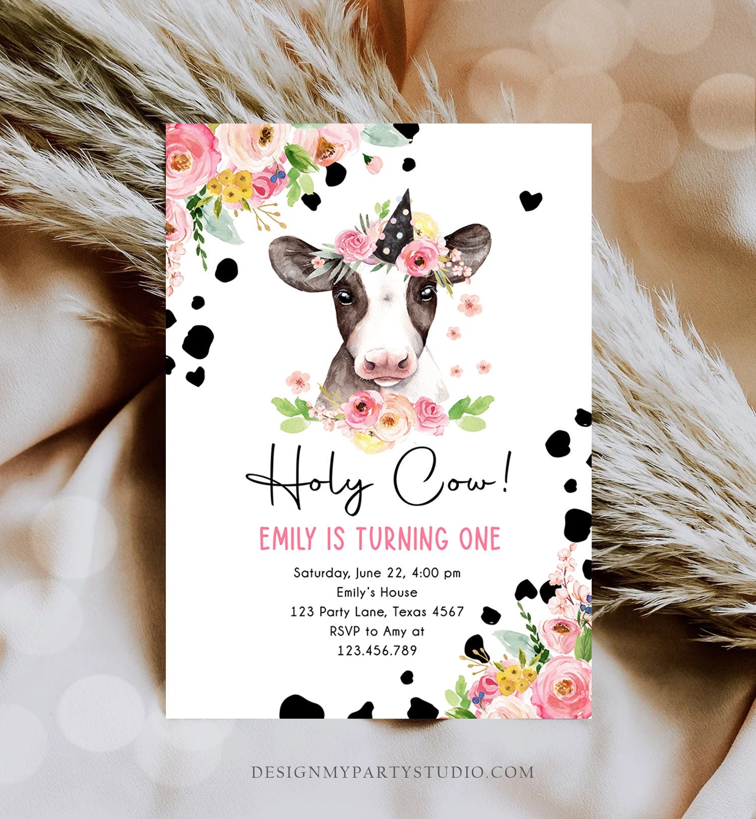 Editable Cow Birthday Invitation Girl Farm Animals Pink Floral Barnyard Party Holy Cow Party 1st One Download Printable Template Corjl 0434