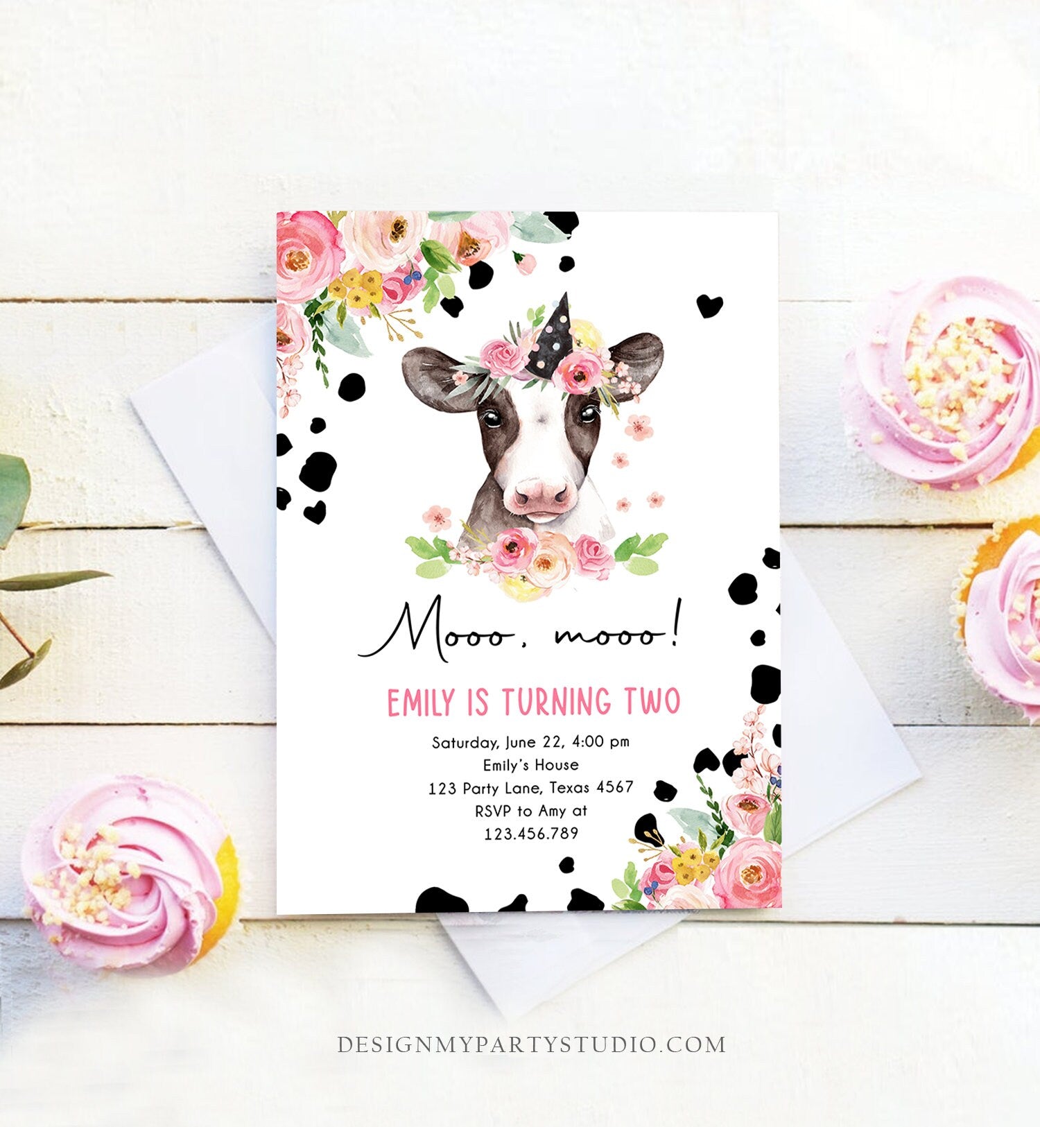 Editable Cow Birthday Invitation Girl Farm Animals Pink Floral Barnyard Party Holy Cow Mooo Two 2nd Download Printable Template Corjl 0434