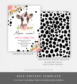 Editable Cow Birthday Invitation Girl Farm Animals Pink Floral Barnyard Party Holy Cow Mooo Two 2nd Download Printable Template Corjl 0434