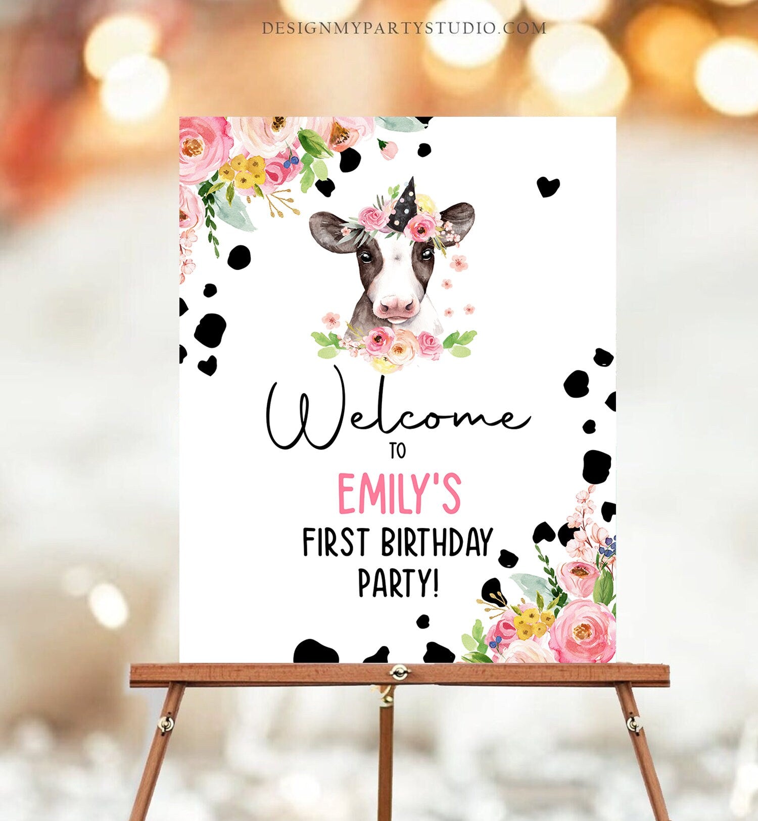 Editable Cow Birthday Welcome Sign Barnyard Birthday Welcome Sign Pink Farm Animals Birthday Welcome Girl Template Corjl PRINTABLE 0434